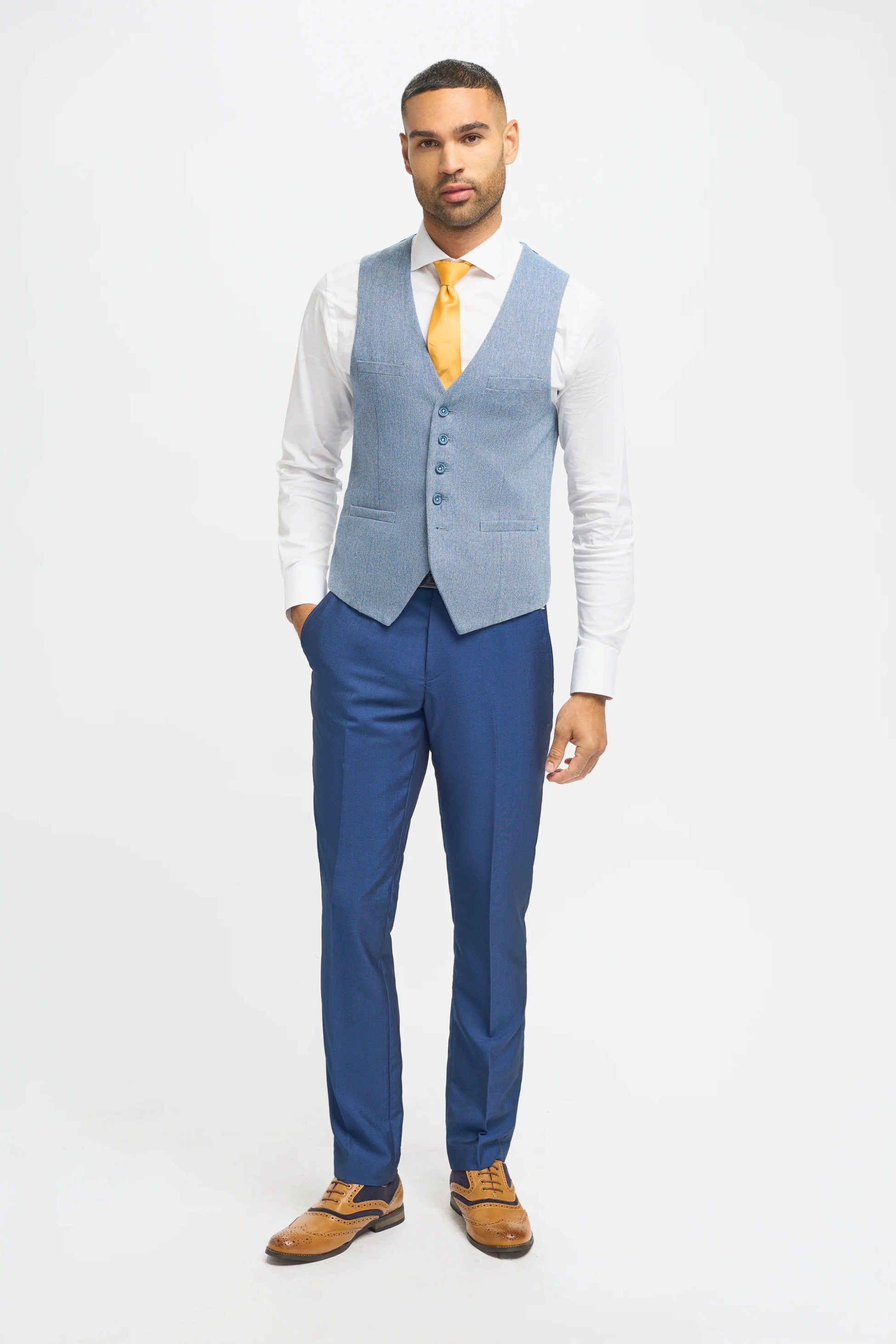 Royal Blue Men's 3-Piece Slim Fit Wedding Suit with Light Blue Tweed Waistcoat