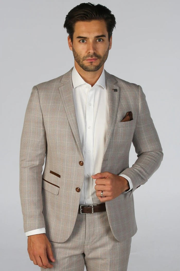 Men's Leo Sand Beige Check Tailored Fit 2-Piece Suit
