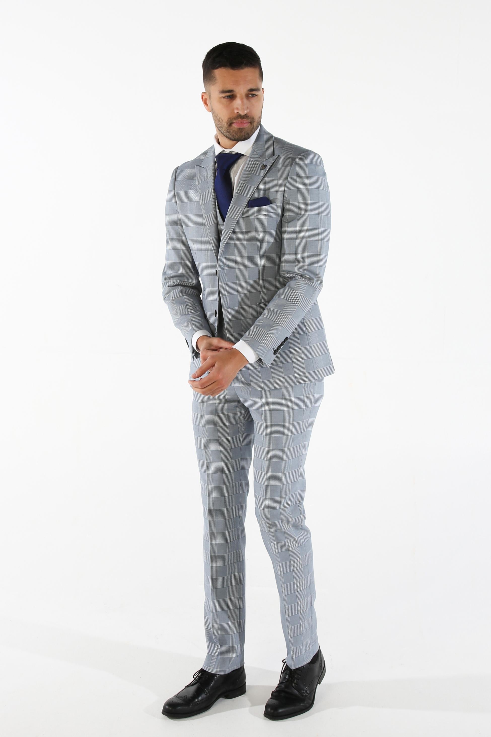 Men's Glen Check Sky Blue Suit Jacket - MARK - Blue