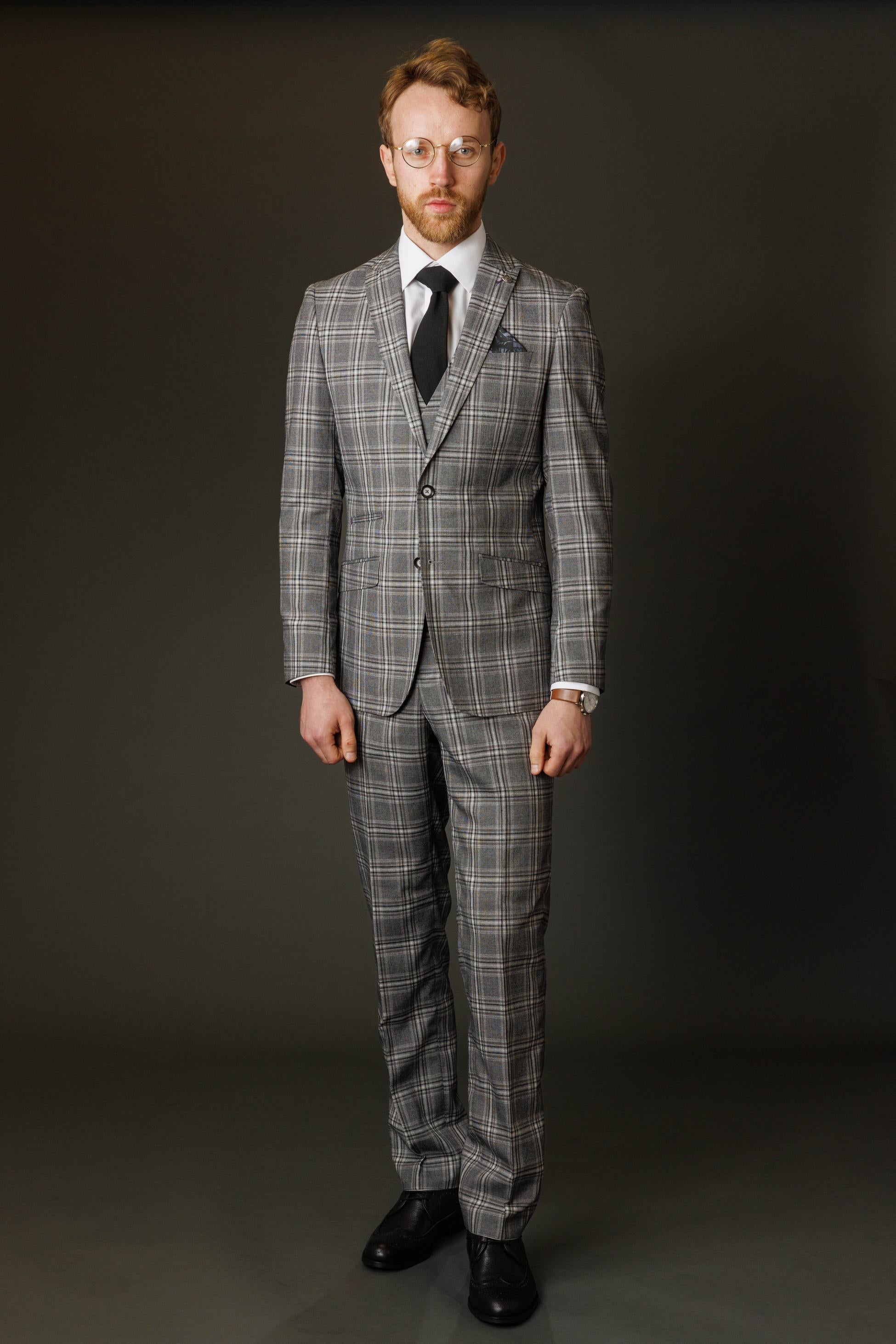 Men's Blake Steel Grey Windowpane Pattern Slim Fit Suit