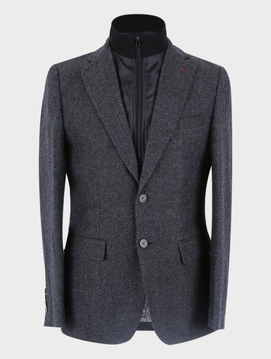 Men’s Black Wool Herringbone Tweed Coat with Removable Zipper ALEXANDER