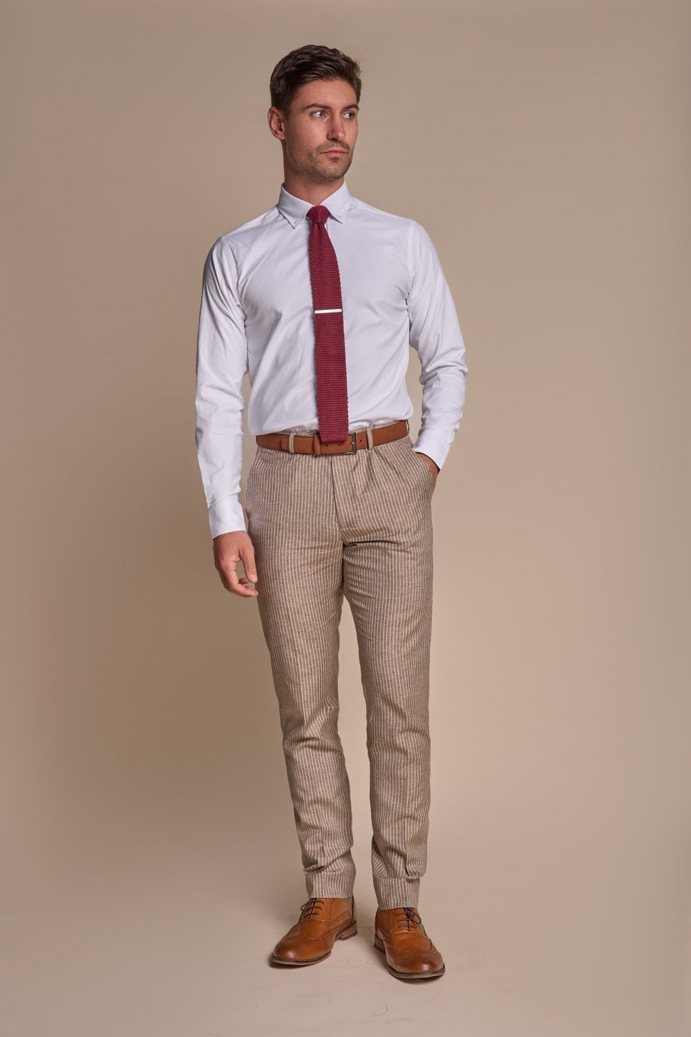 KRAKEN Sand Beige Men's Slim Fit Pinstripe Suit