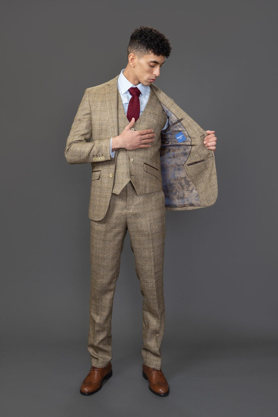 LIAM Men’s Tailored Fit Tweed Windowpane Check Beige Suit