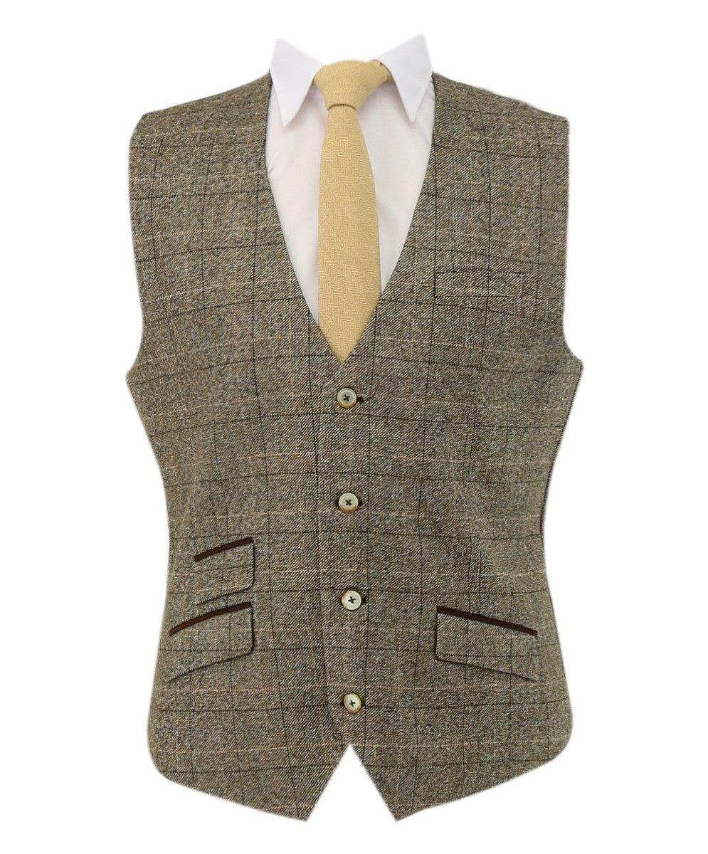 LIAM Men’s Tailored Fit Tweed Windowpane Check Beige Suit