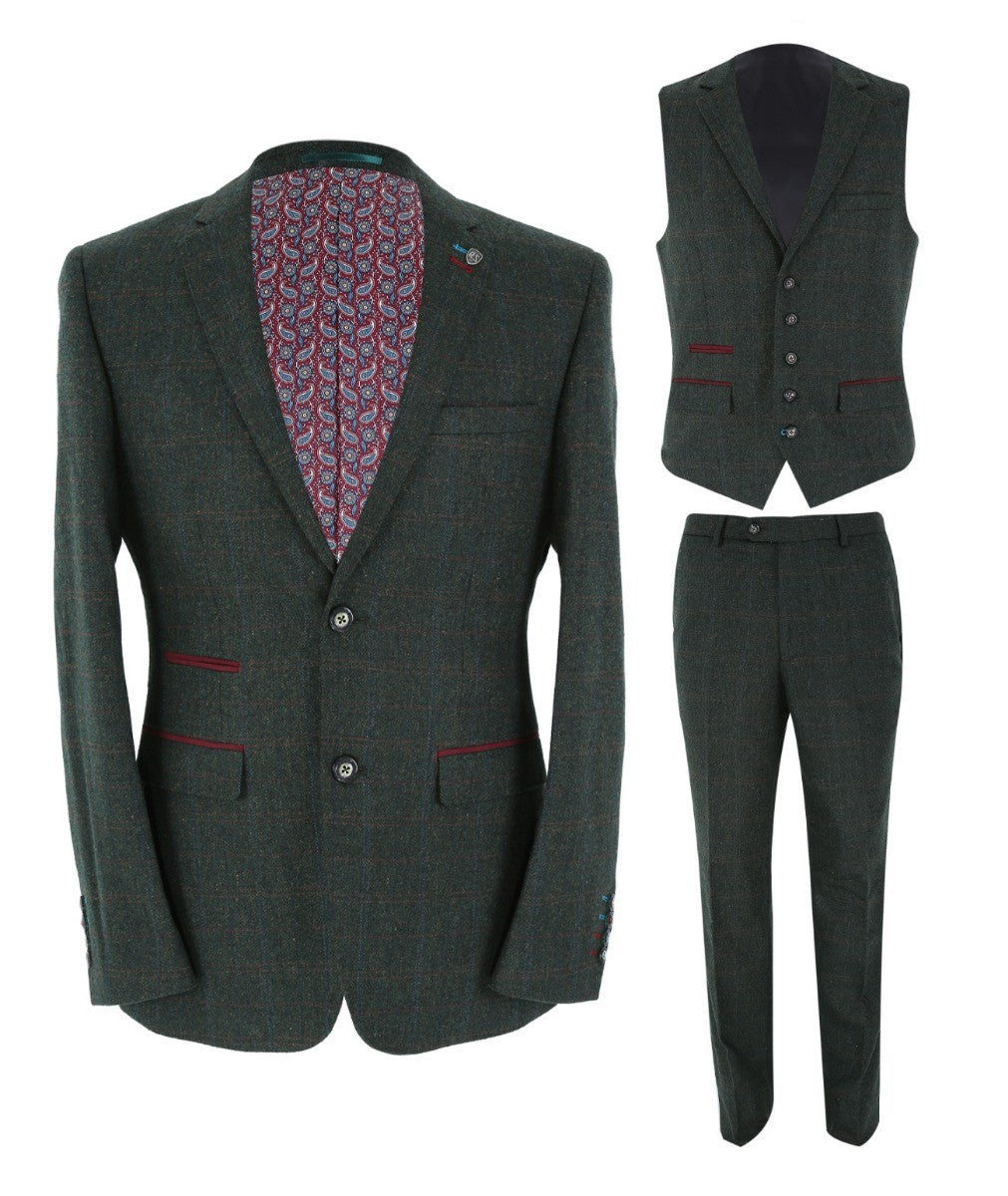 JOSHUA Men’s Tailored Fit Tweed Check Dark Green Suit