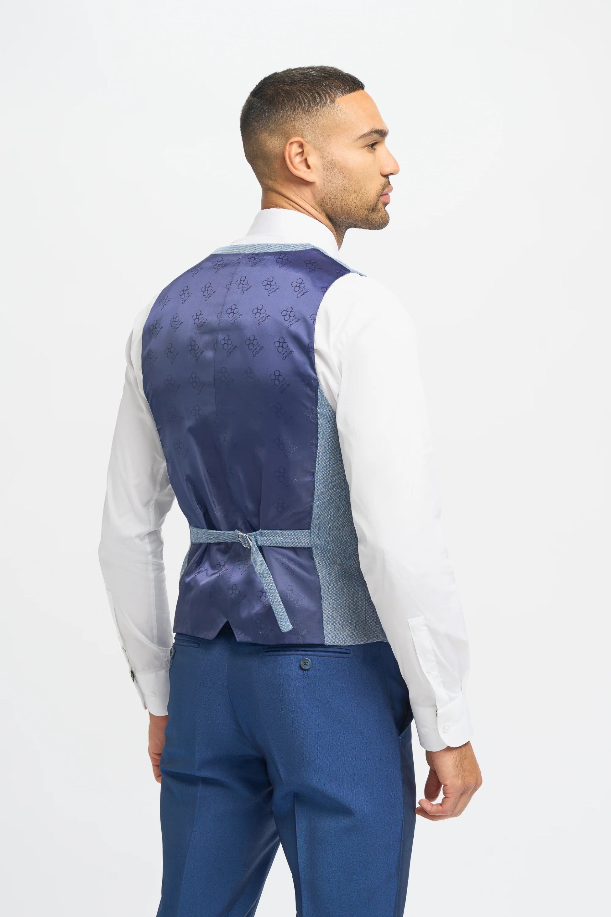 Royal Blue Men's 3-Piece Slim Fit Wedding Suit with Light Blue Tweed Waistcoat