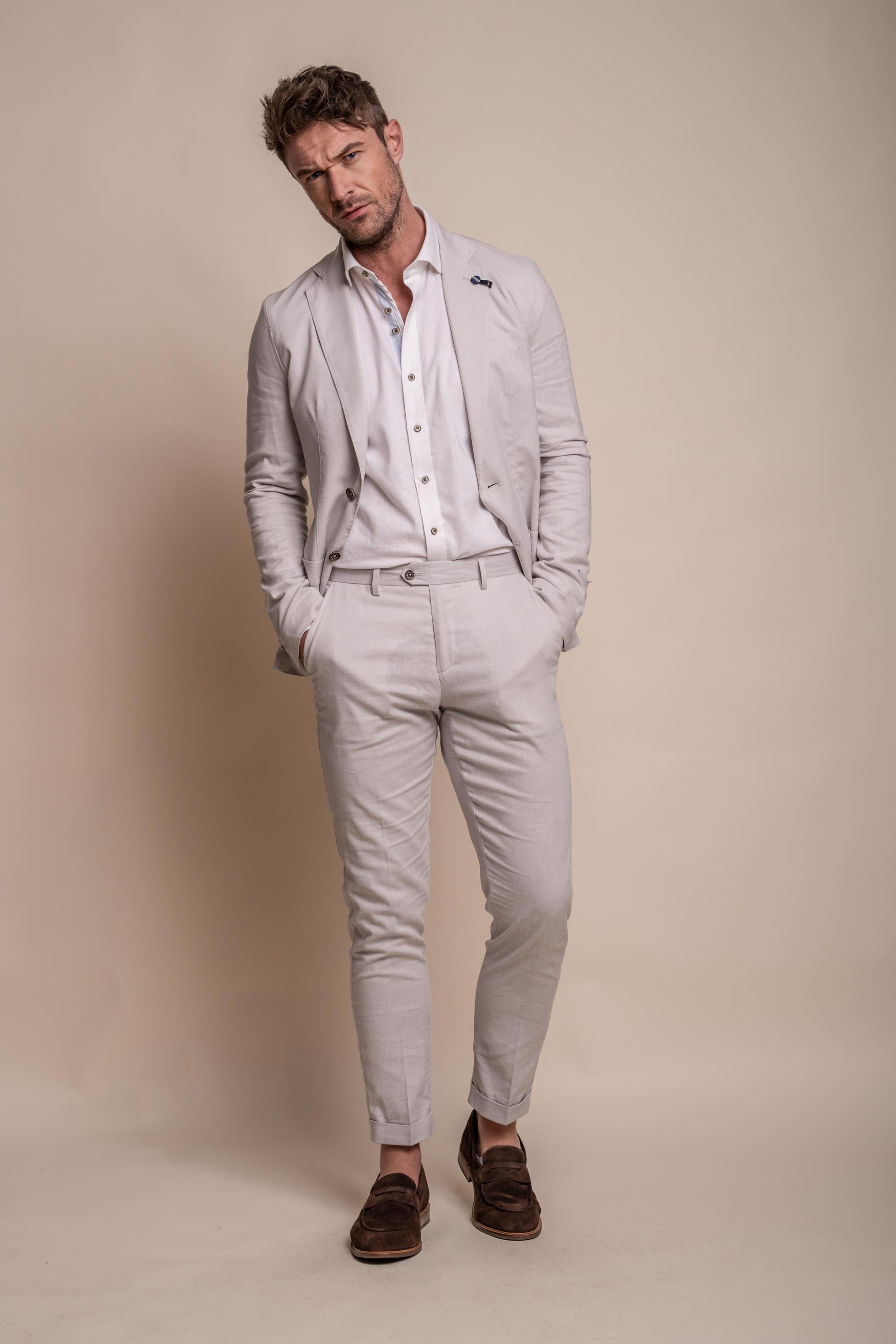 Mens Linen Slim Fit Suit Jacket - ALVARI - Stone
