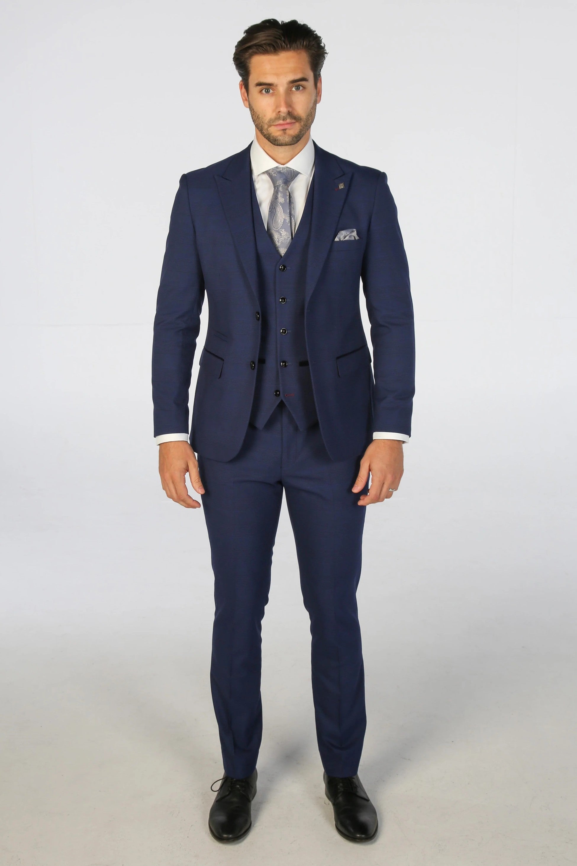 Men's Mark Deep Navy Blue Check Tailored Fit Business Suit