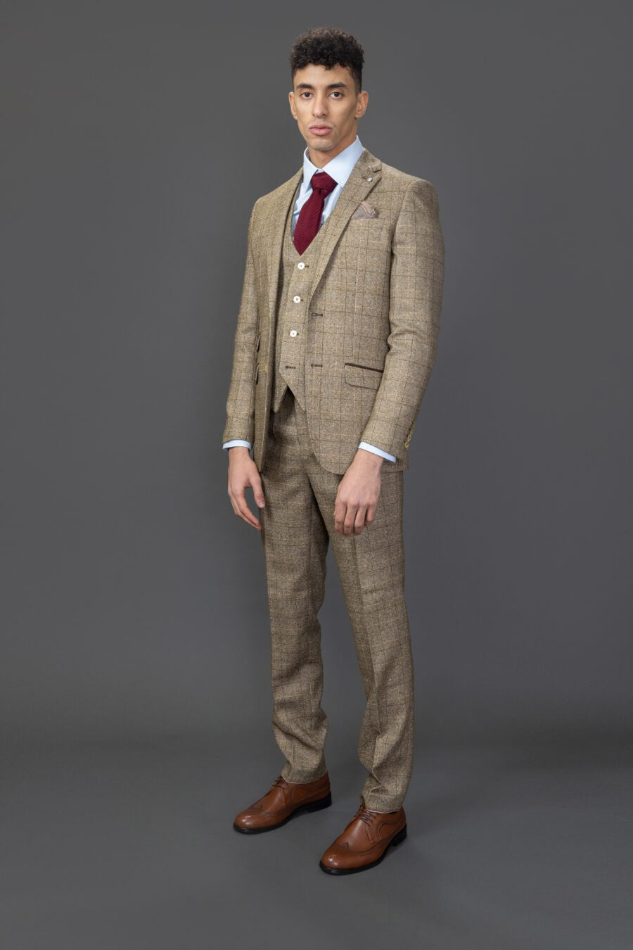 LIAM Men’s Tailored Fit Tweed Windowpane Check Beige Suit