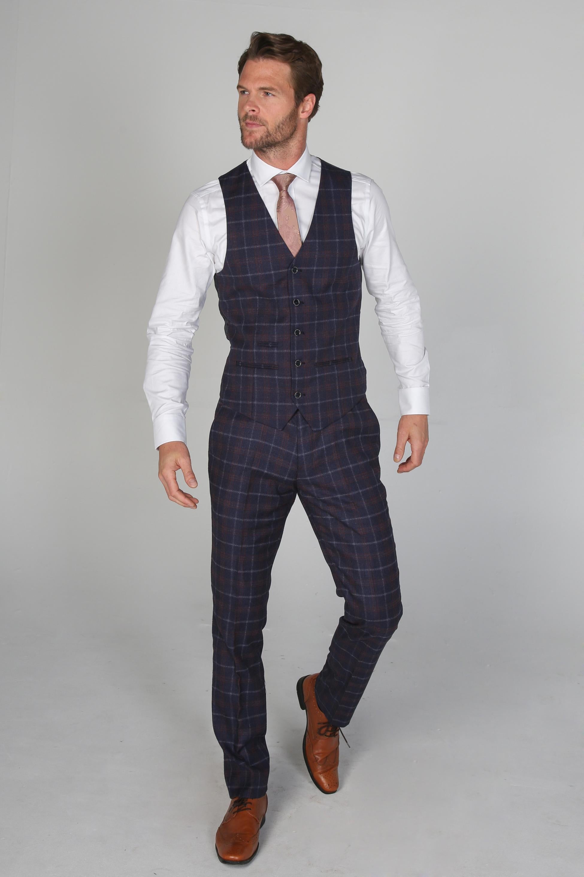 KENNETH Men’s Tailored Fit Retro Check Suit - Navy/Maroon