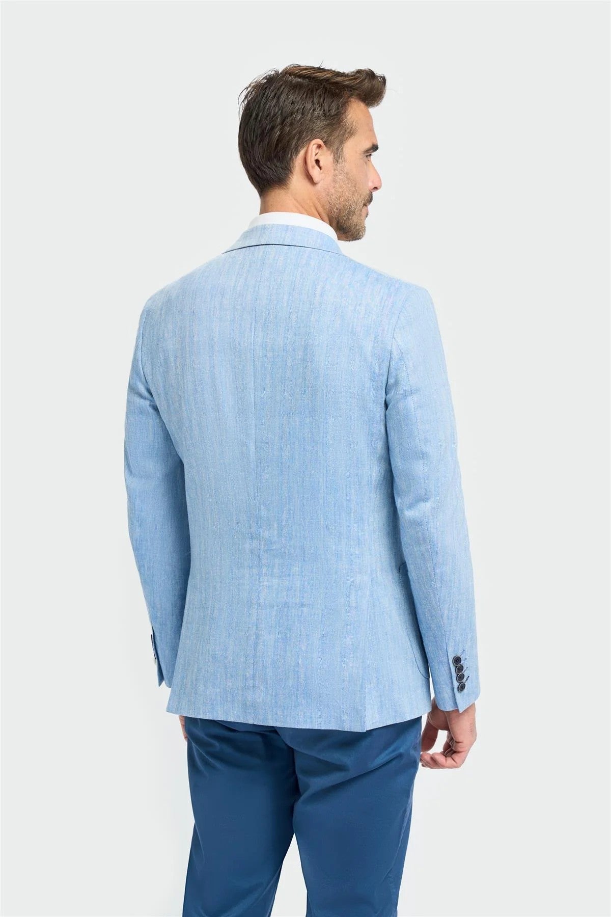 Mens Linen Herringbone Blazer with Patch Pockets - Luigi - Sky Blue