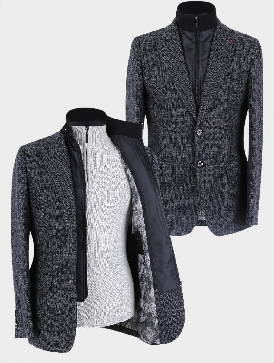 Men’s Black Wool Herringbone Tweed Coat with Removable Zipper ALEXANDER