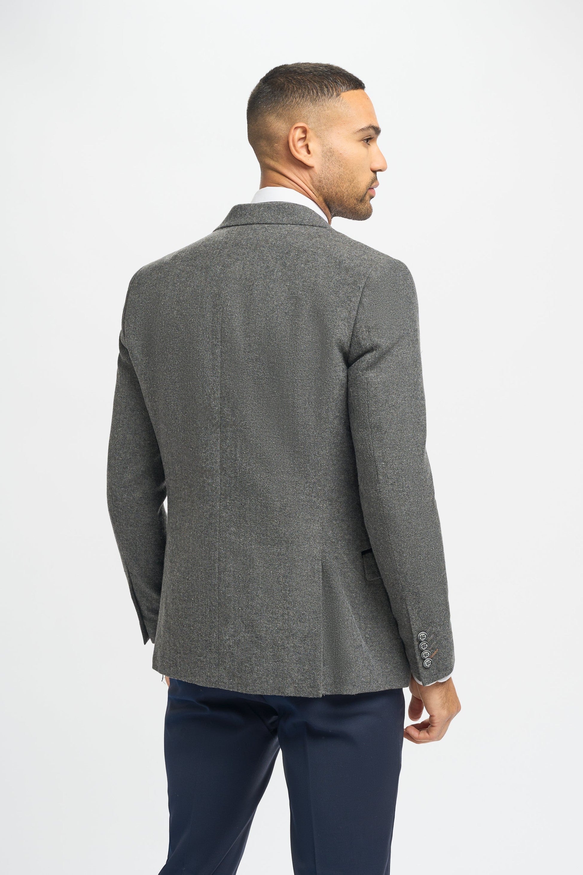 Grey Herringbone Tweed Men's Jacket and Waistcoat with Slim Fit Navy Blue Trousers
