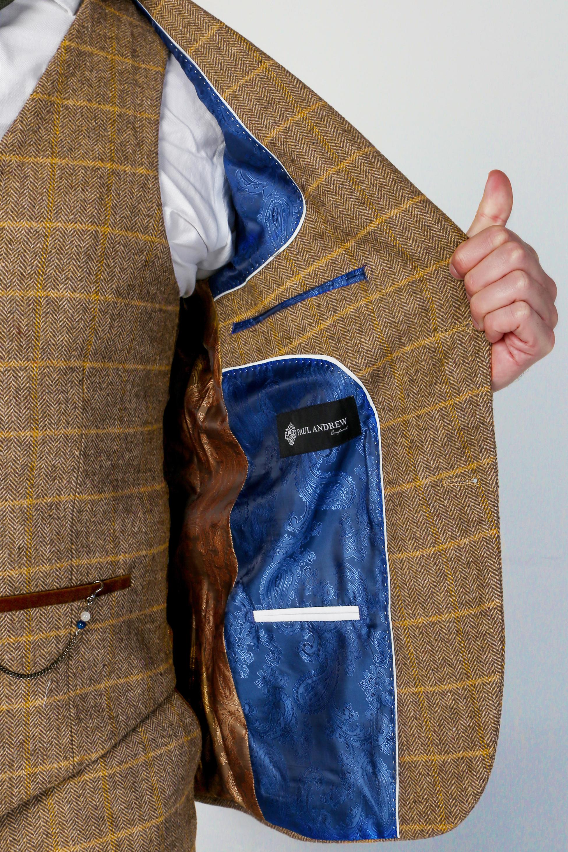 Men's Harris Cognac Brown Tweed Windowpane Formal Suit