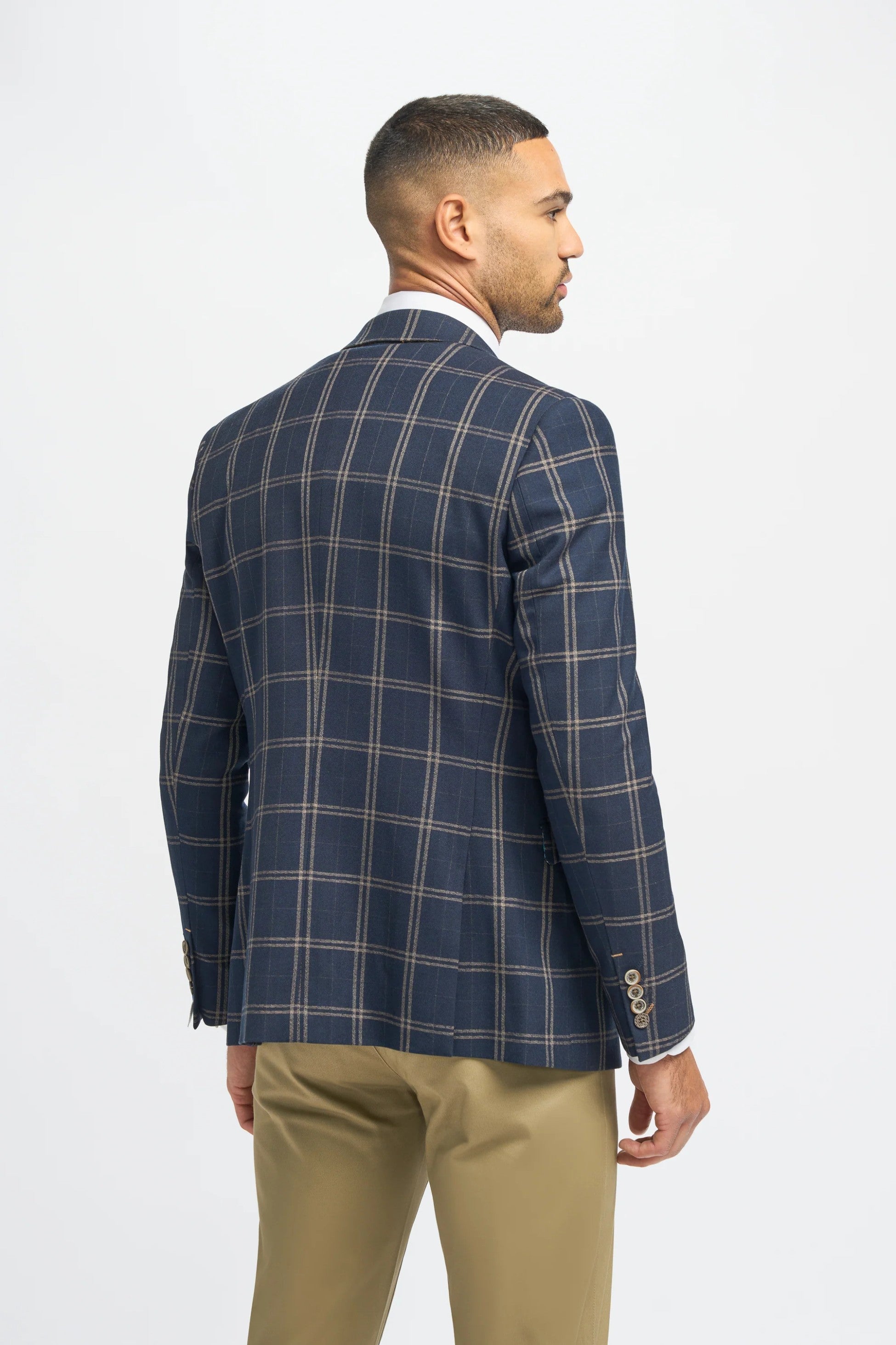 Men's Hardy Navy Check Blazer with Double-Breasted Waistcoat & Stone Beige Chinos