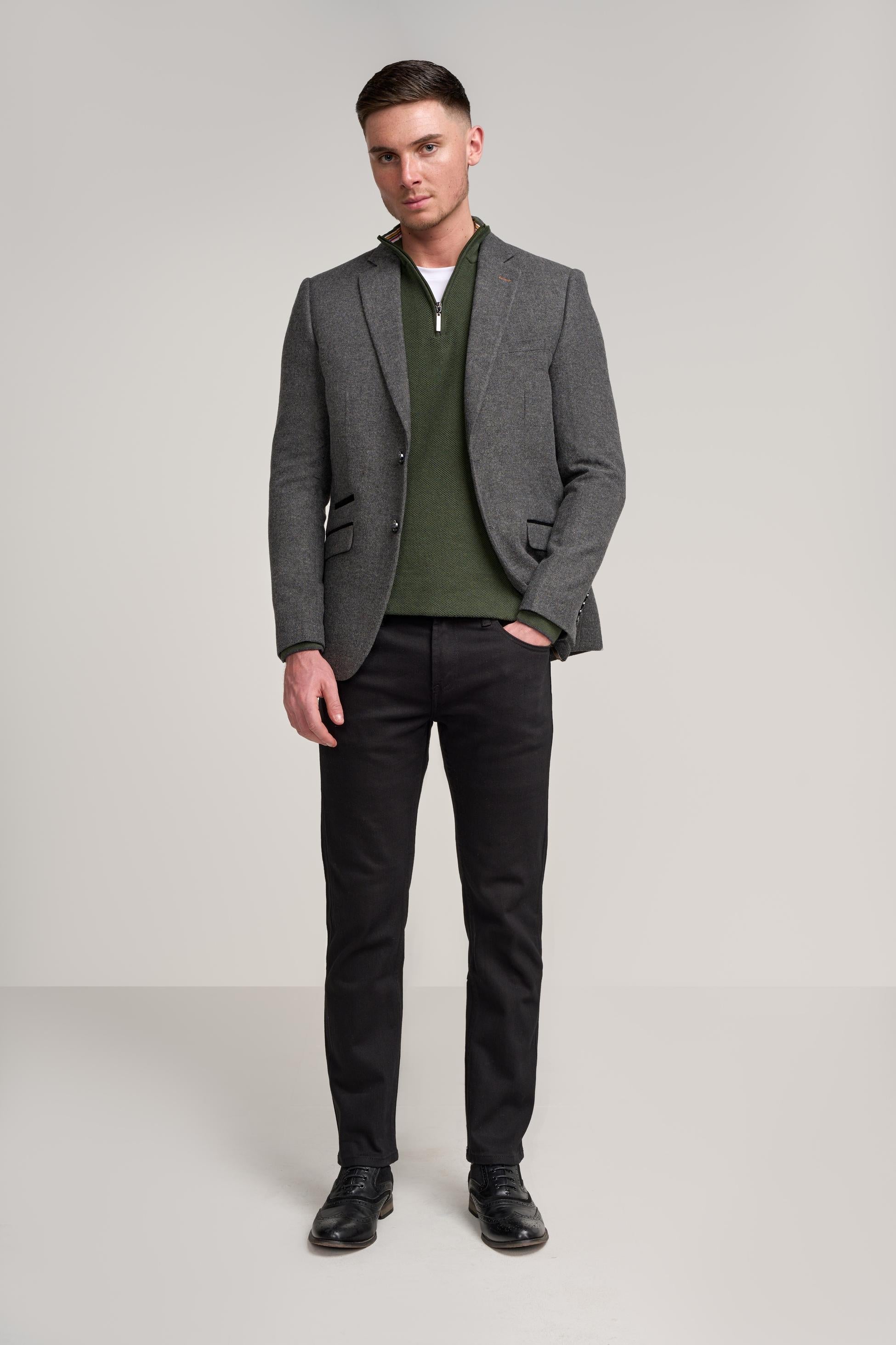 Men’s Grey Herringbone Tweed Suit Jacket COSMO