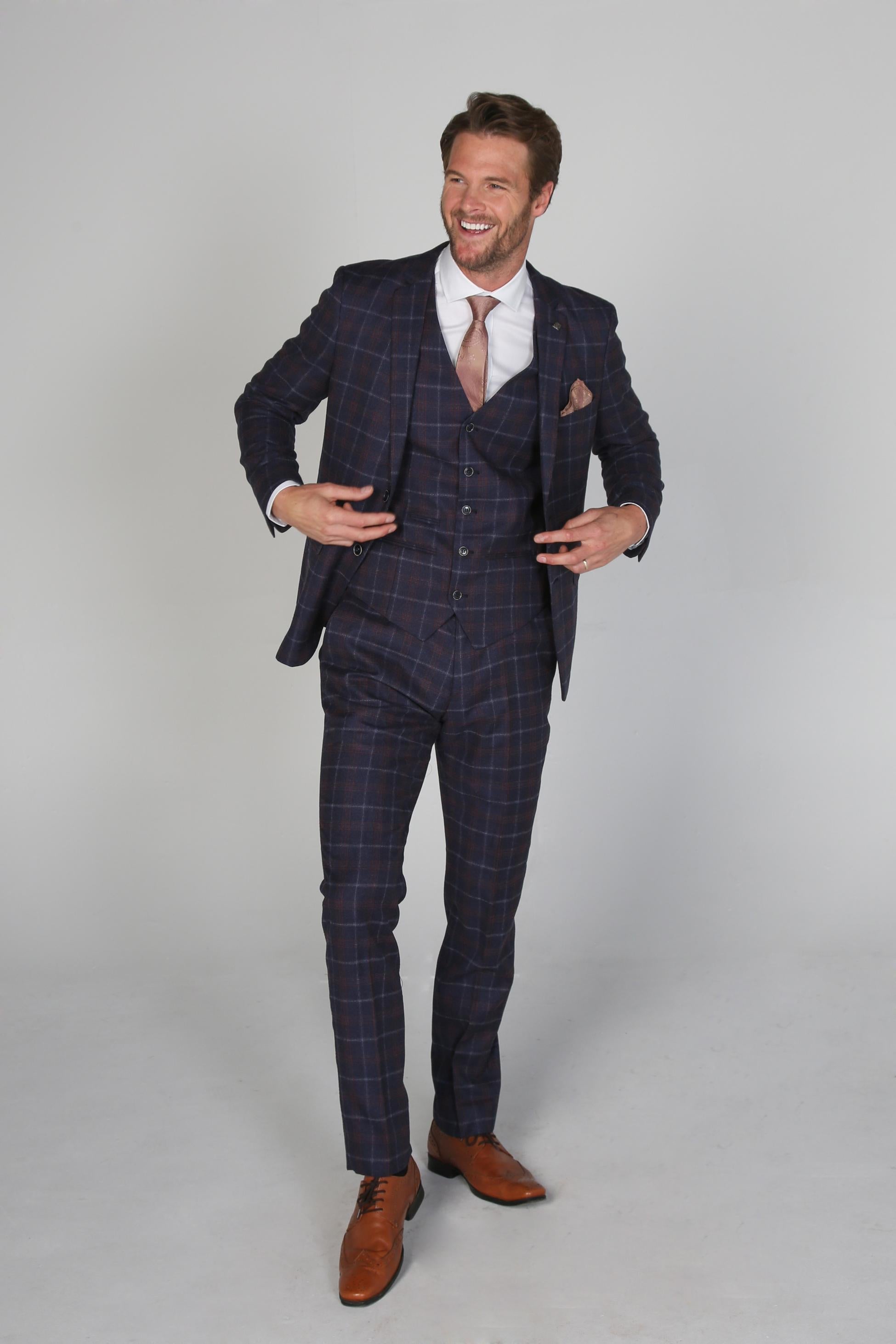 KENNETH Men’s Tailored Fit Retro Check Suit - Navy/Maroon