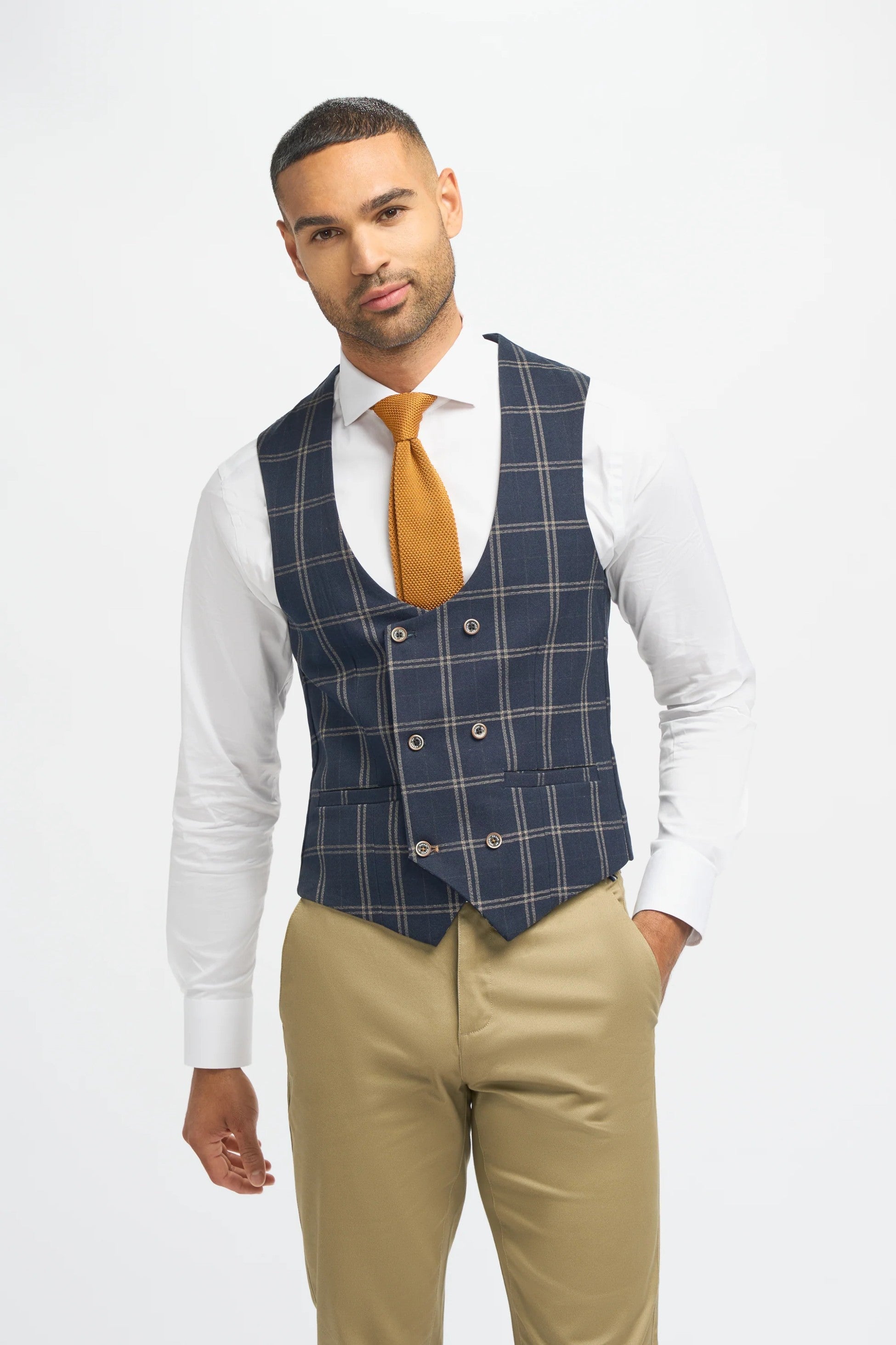 Men's Hardy Navy Check Blazer with Double-Breasted Waistcoat & Stone Beige Chinos