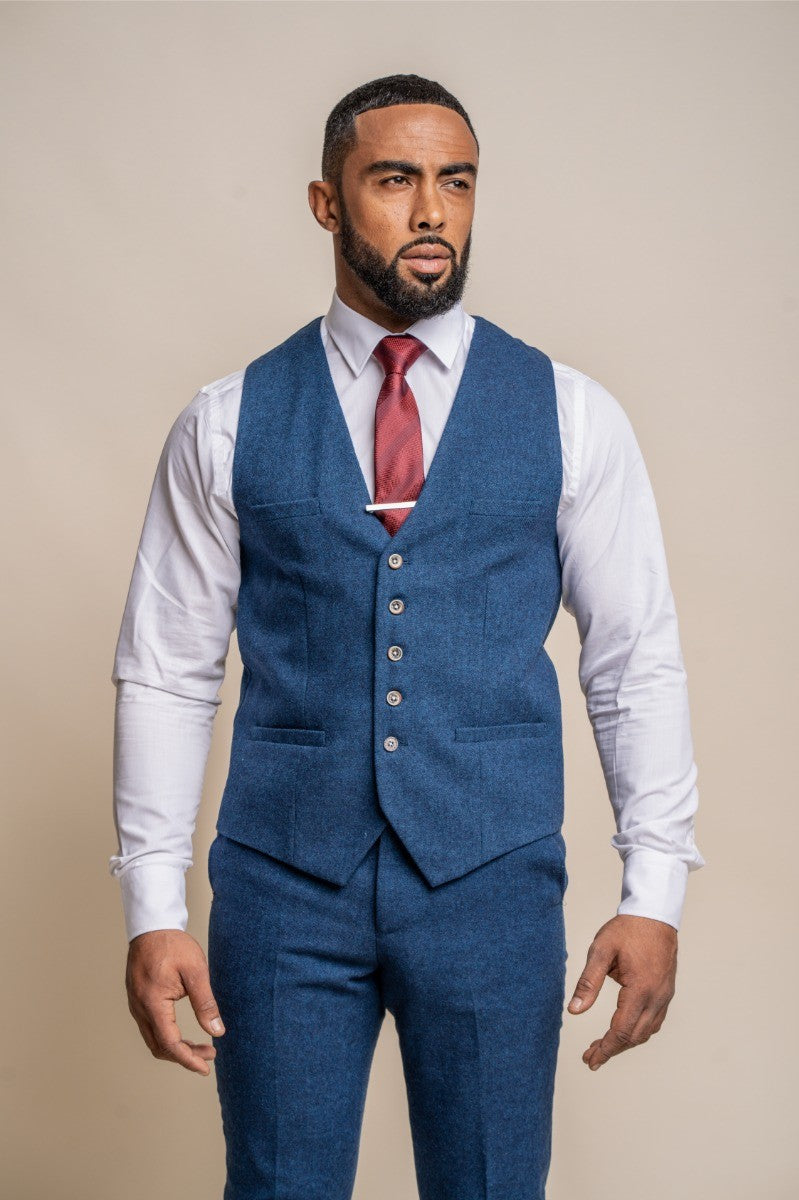 Mens blue tweed wool slim fit formal waistcoat Orson