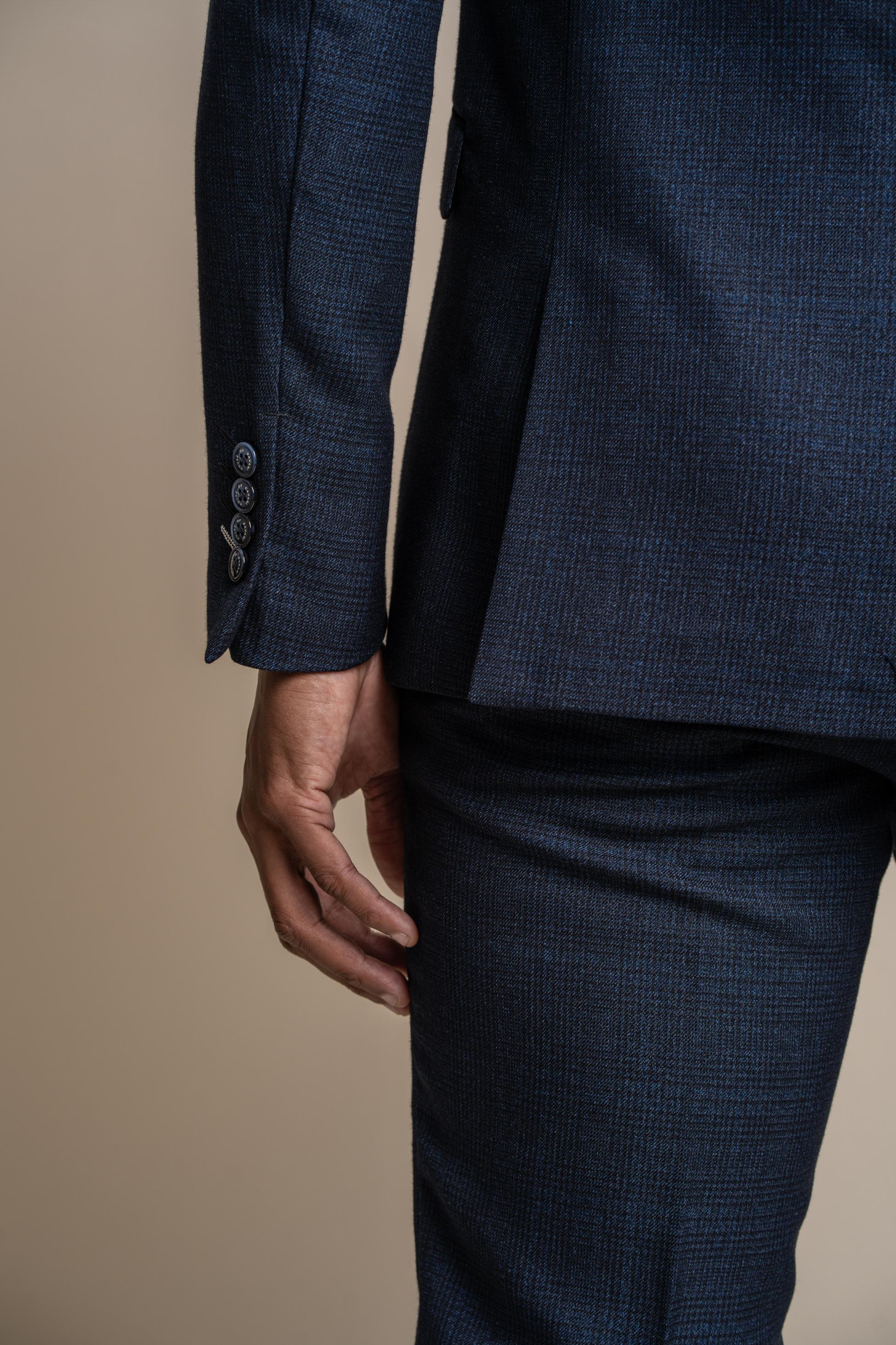 Men’s Navy Tweed Glen Check Slim Fit Suit Jacket CARIDI