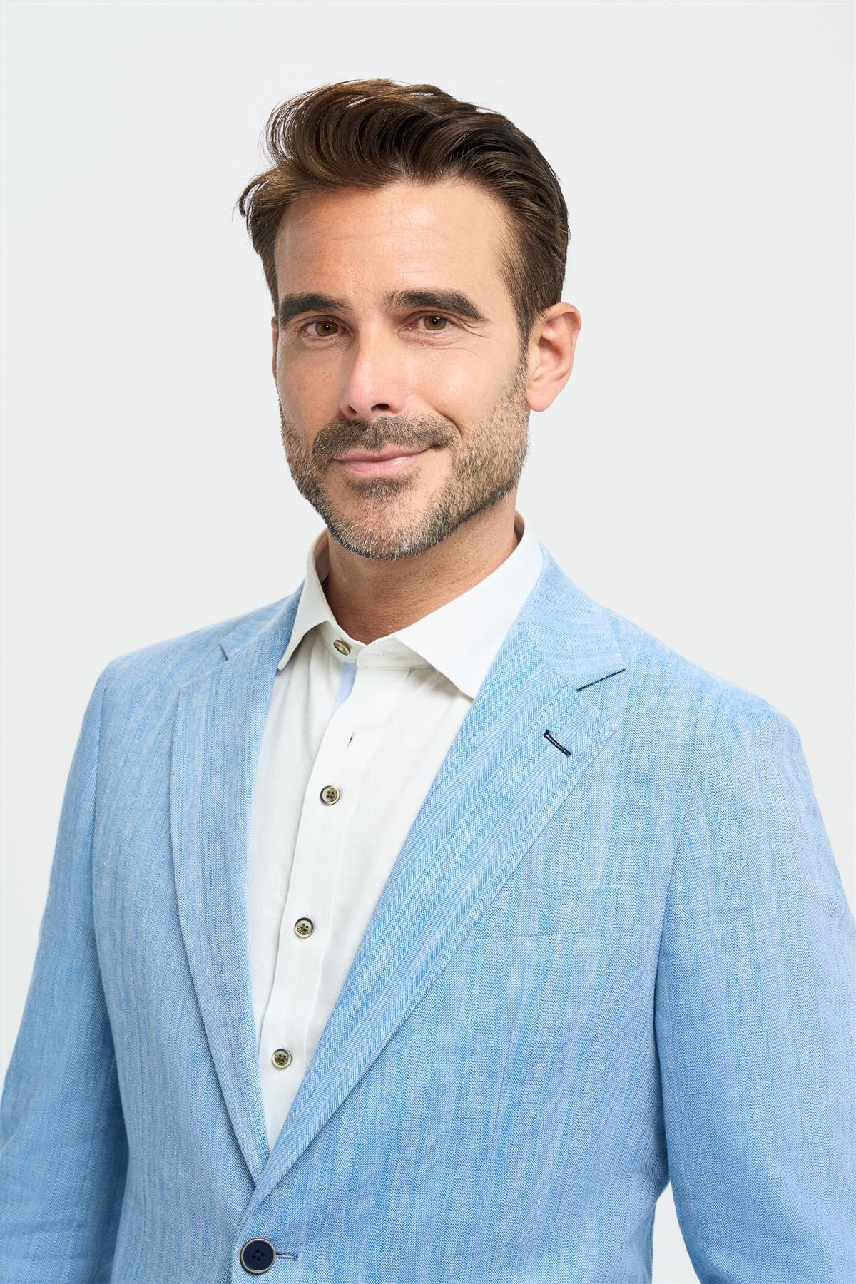 Mens Linen Herringbone Blazer with Patch Pockets - Luigi - Sky Blue