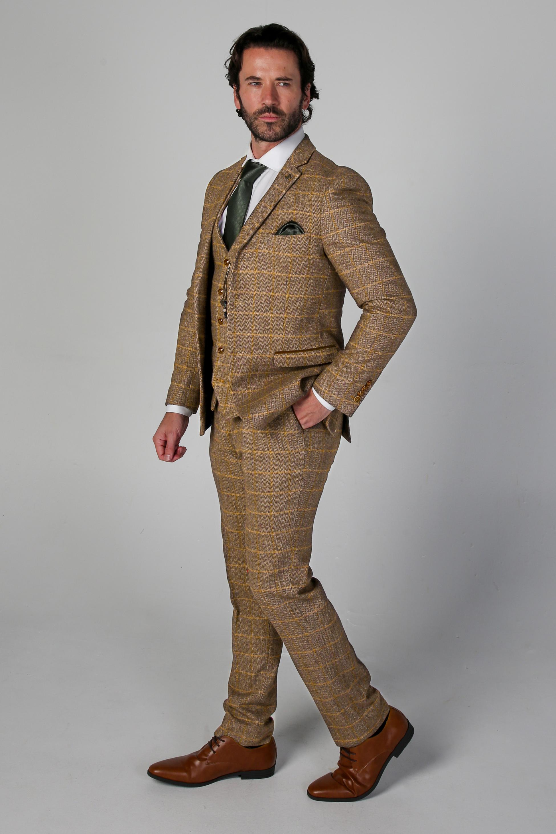 Men's Harris Cognac Brown Tweed Windowpane Formal Suit