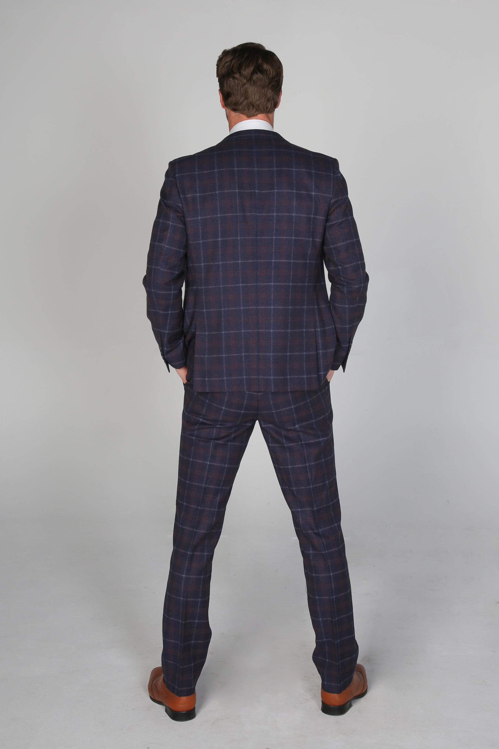 KENNETH Men’s Tailored Fit Retro Check Suit - Navy/Maroon