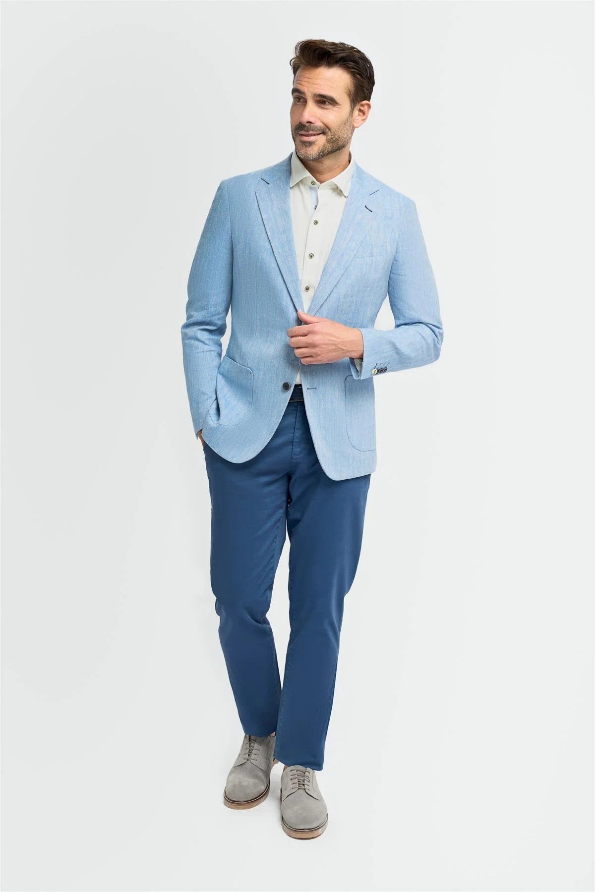 Mens Linen Herringbone Blazer with Patch Pockets - Luigi - Sky Blue