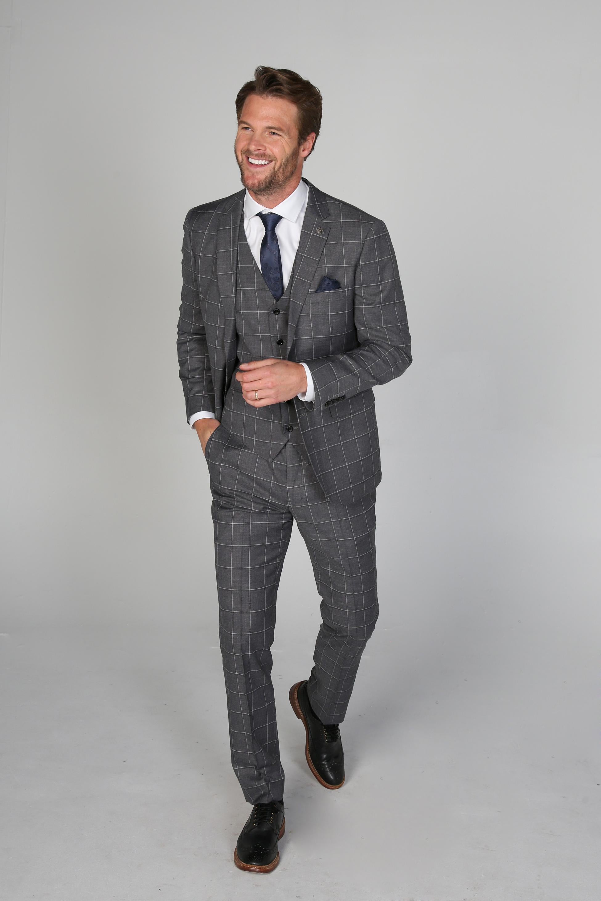 Men's Hobbs Pewter Grey Windowpane Check Tailored Formal Suit