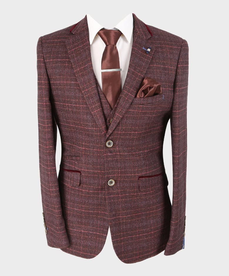 Men’s Wine Retro Tweed Slim Fit Blazer CARLY