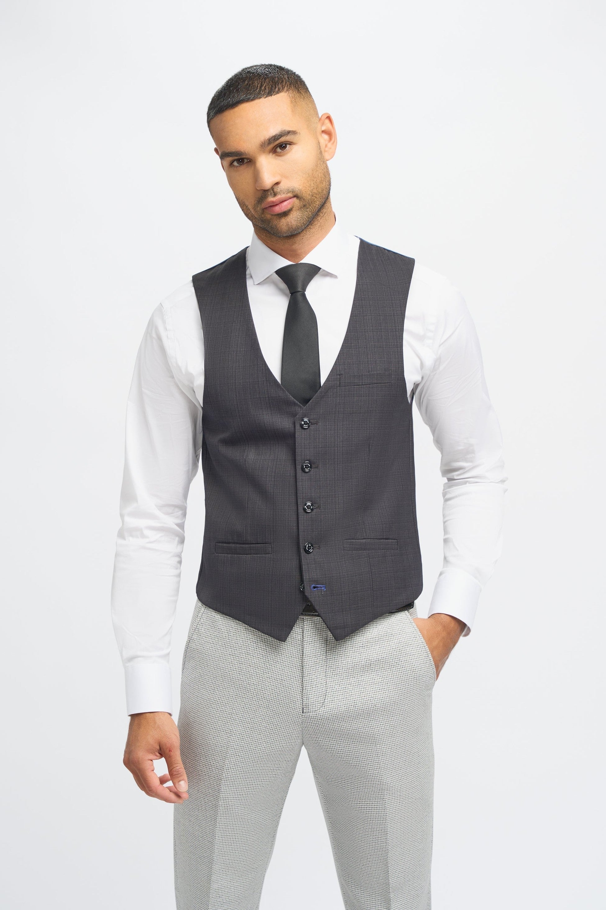 Dark Grey Men's Slim Fit Suit Jacket and Waistcoat with Light Grey Houndstooth Trousers