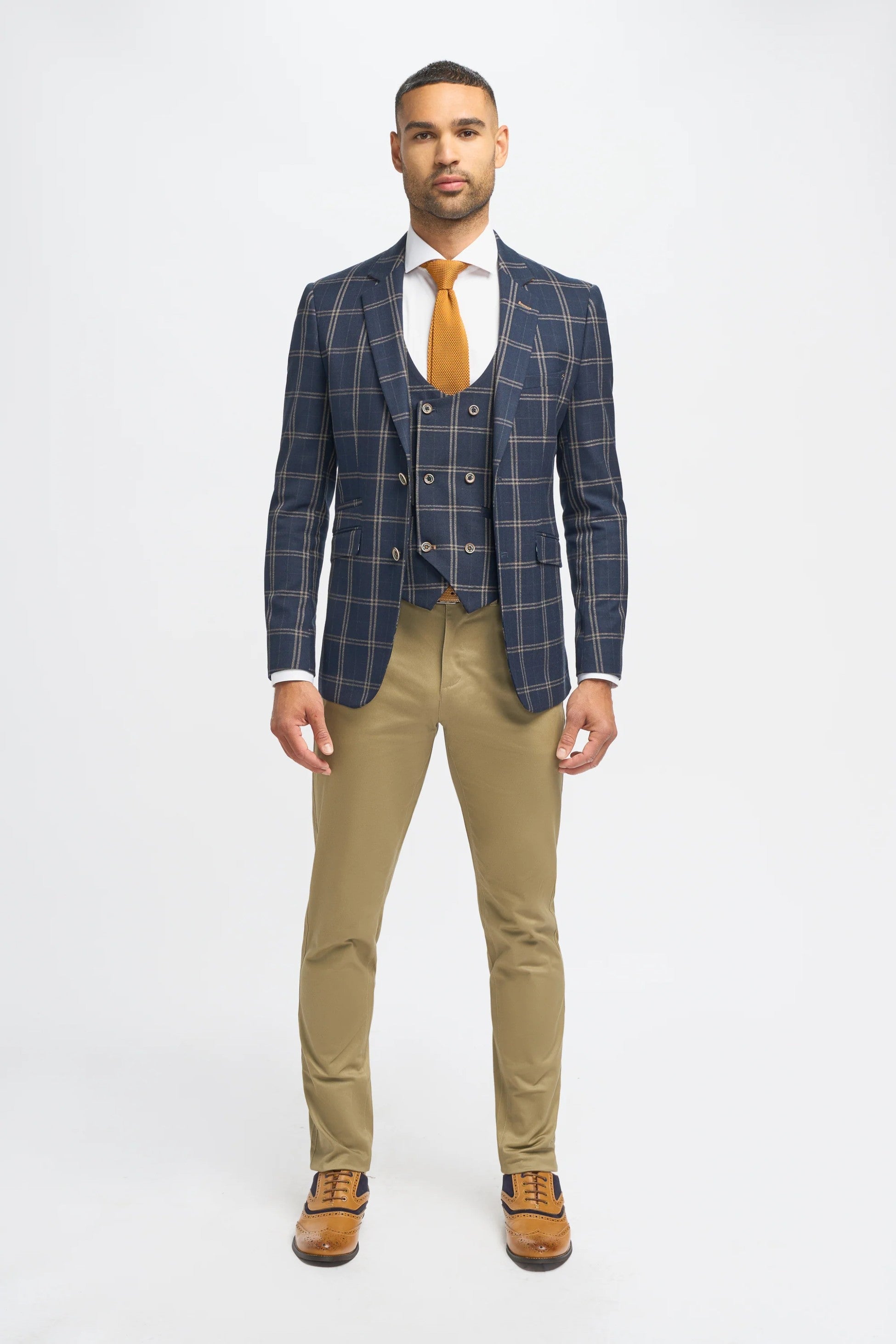 Men's Hardy Navy Check Blazer with Double-Breasted Waistcoat & Stone Beige Chinos