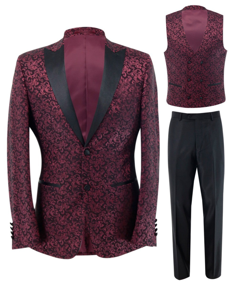 AARON Burgundy Men's Patterned Shimmer Tuxedo Suit