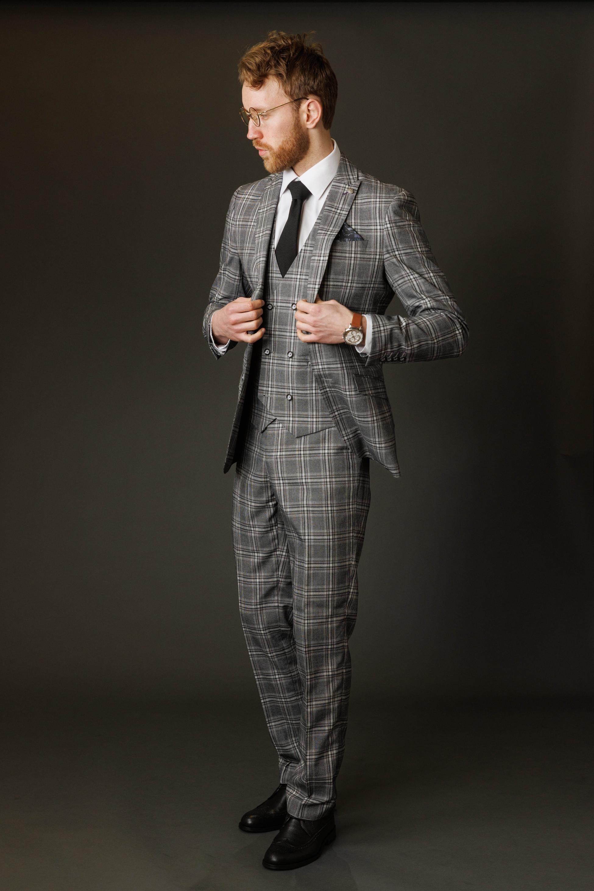 Men's Blake Steel Grey Windowpane Pattern Slim Fit Suit