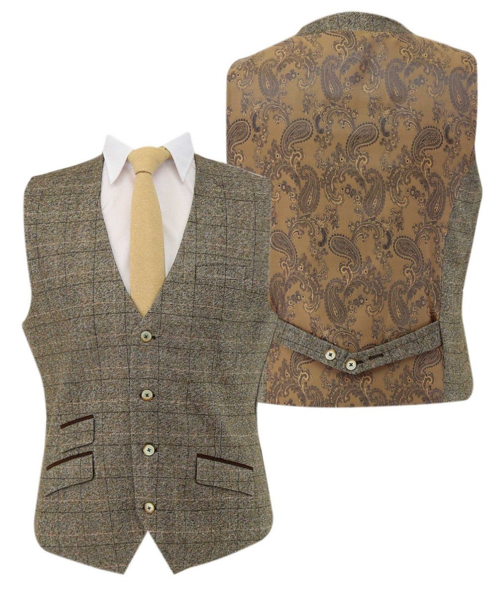 LIAM Men’s Tailored Fit Tweed Windowpane Check Beige Suit