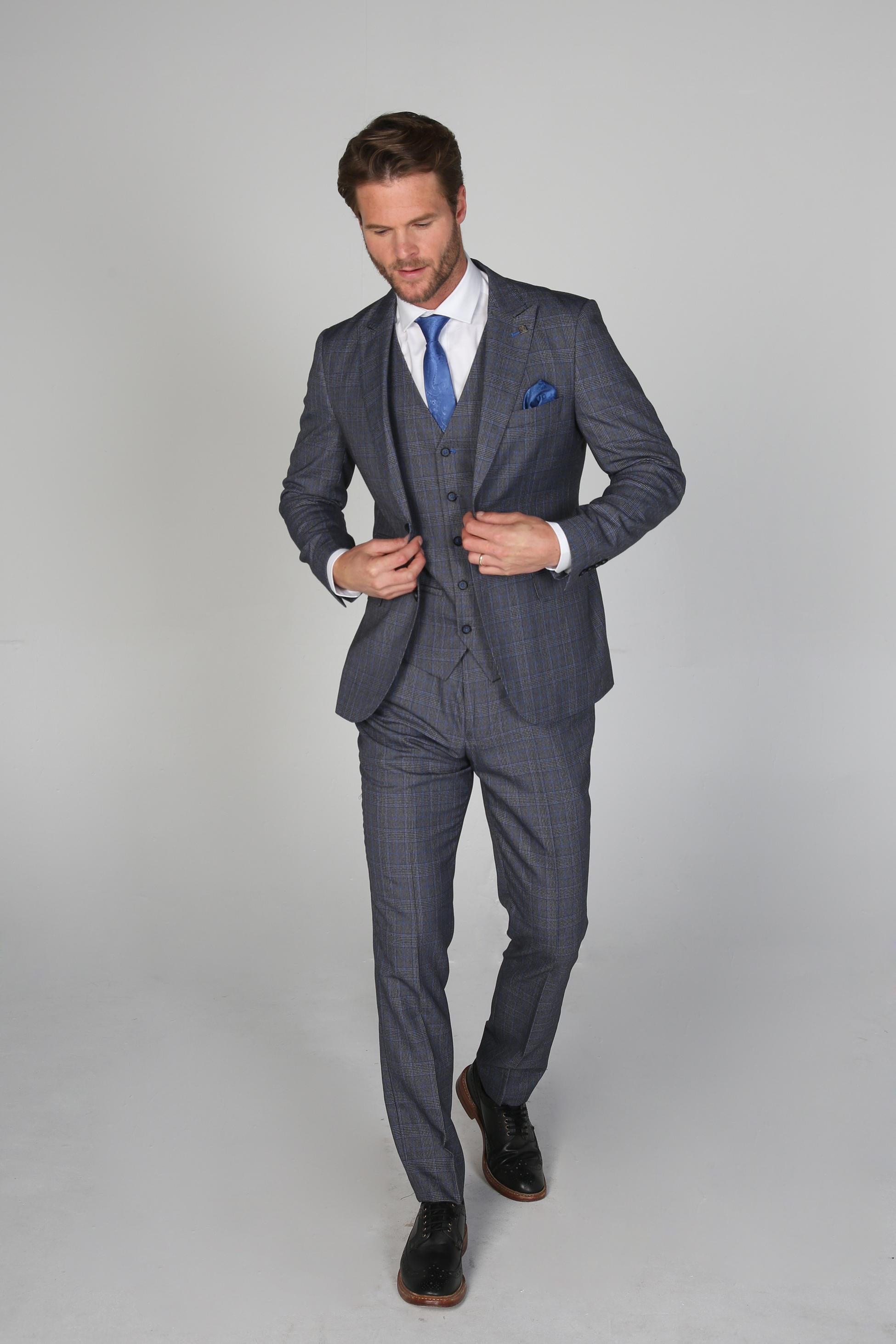 Men's Henry Grey-Blue Textured Check Tailored Formal Suit