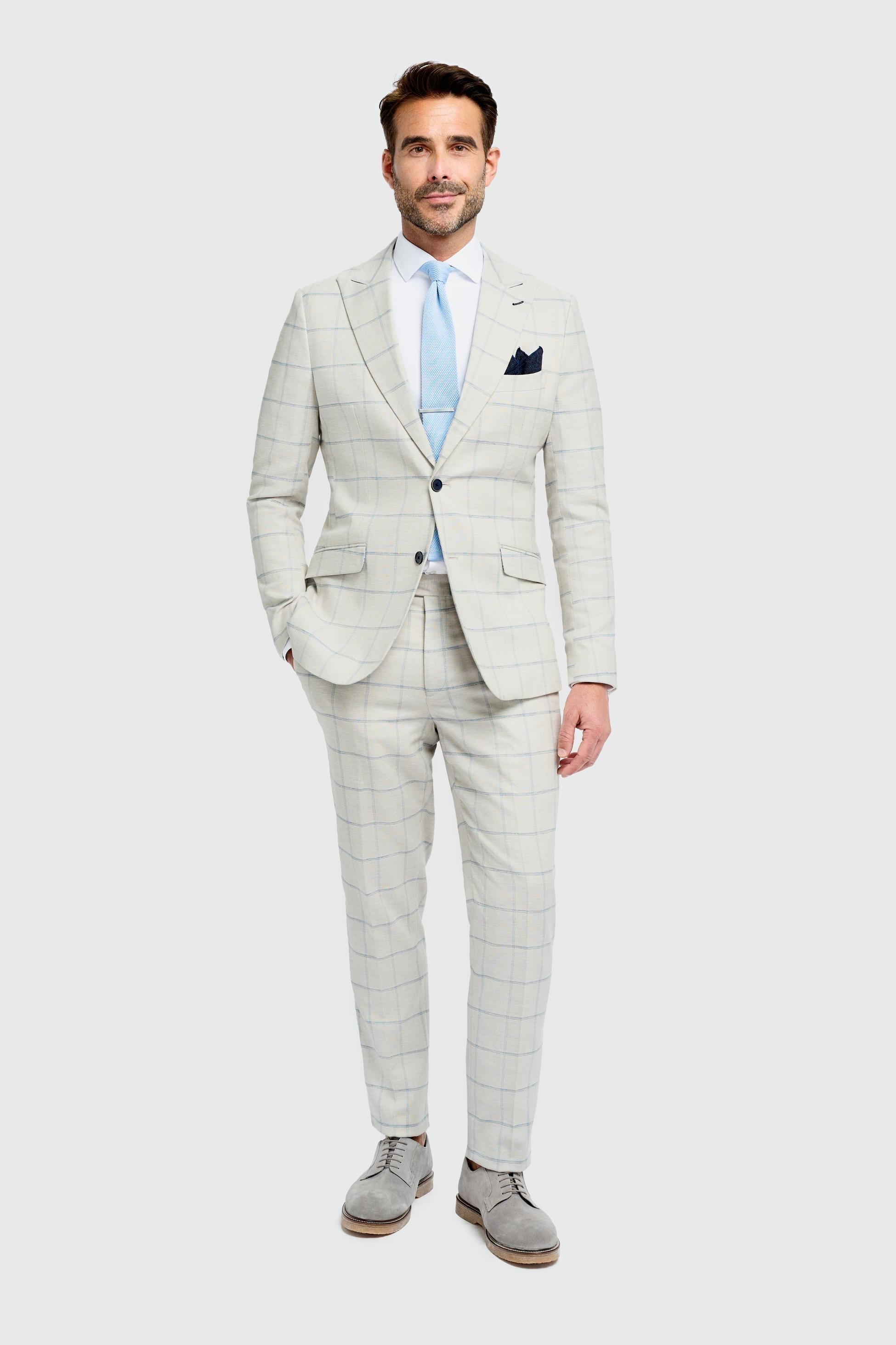 Men's Gabriel 2-Piece Pale Grey Windowpane Check Modern Suit