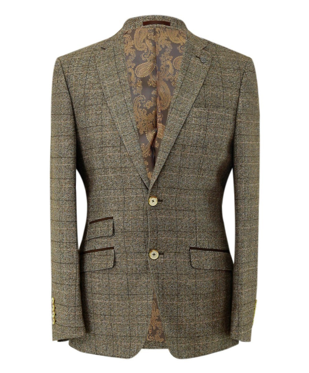 Men’s Beige Tweed Windowpane Check Suit Jacket LIAM