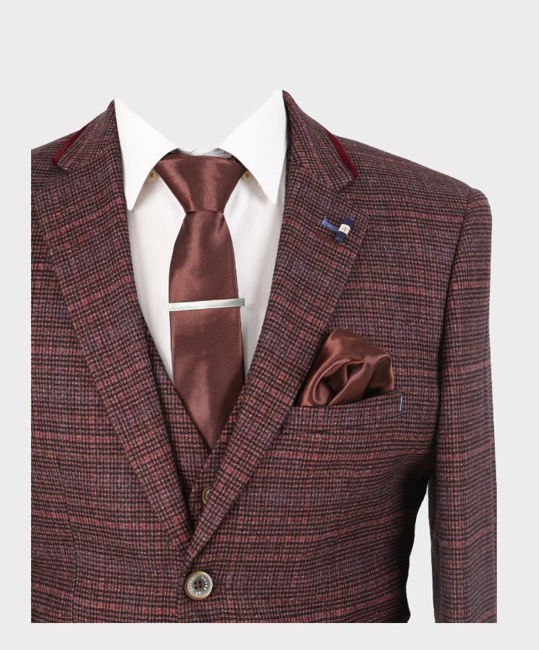 Men’s Wine Retro Tweed Slim Fit Blazer CARLY
