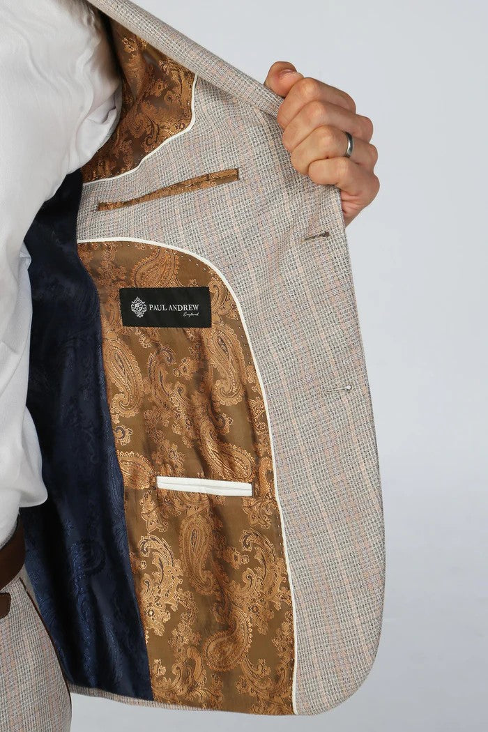 Men's Leo Sand Beige Check Tailored Fit 2-Piece Suit