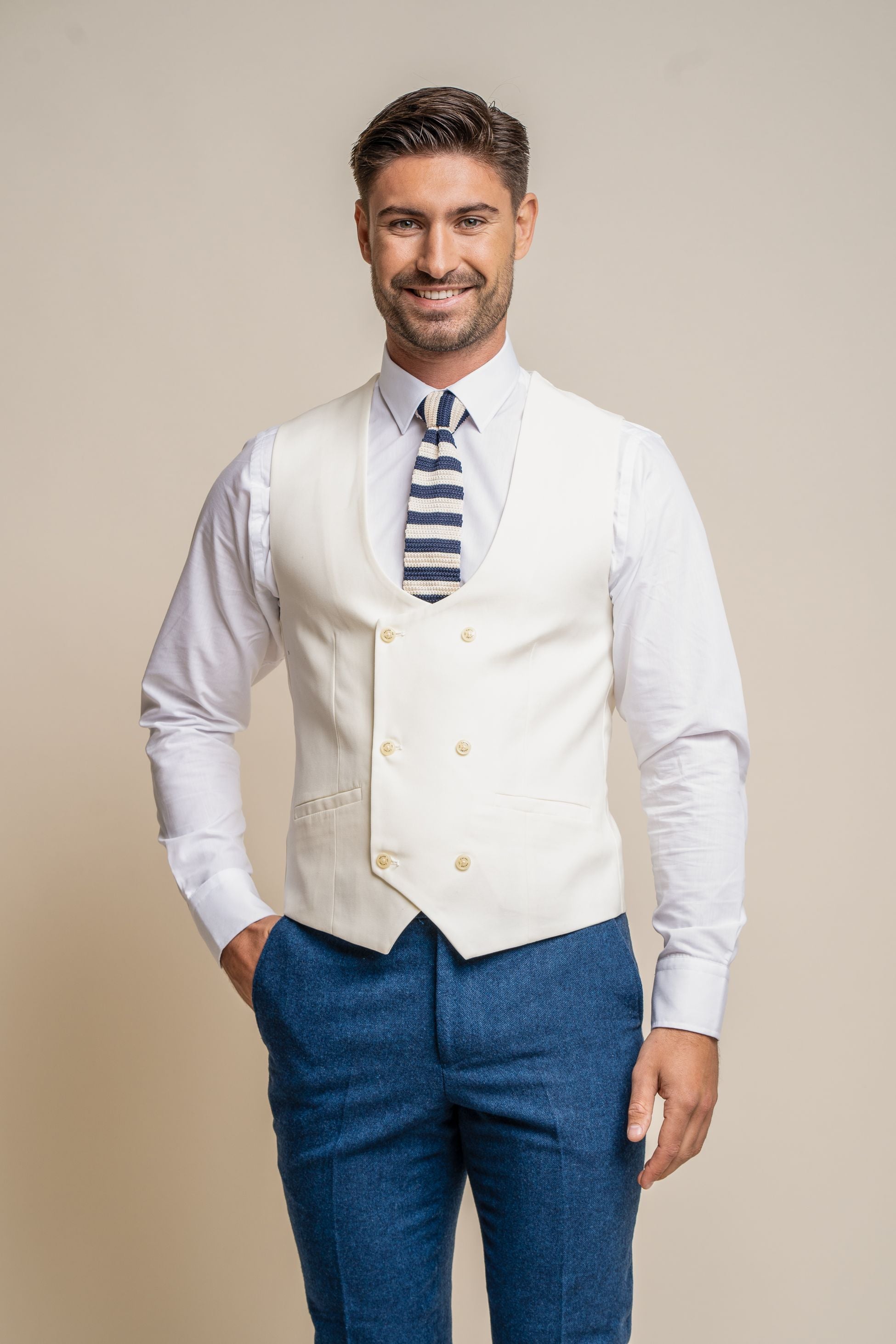 Orson Blue Men's Suit with Marco Ecru Waistcoat Combined Set
