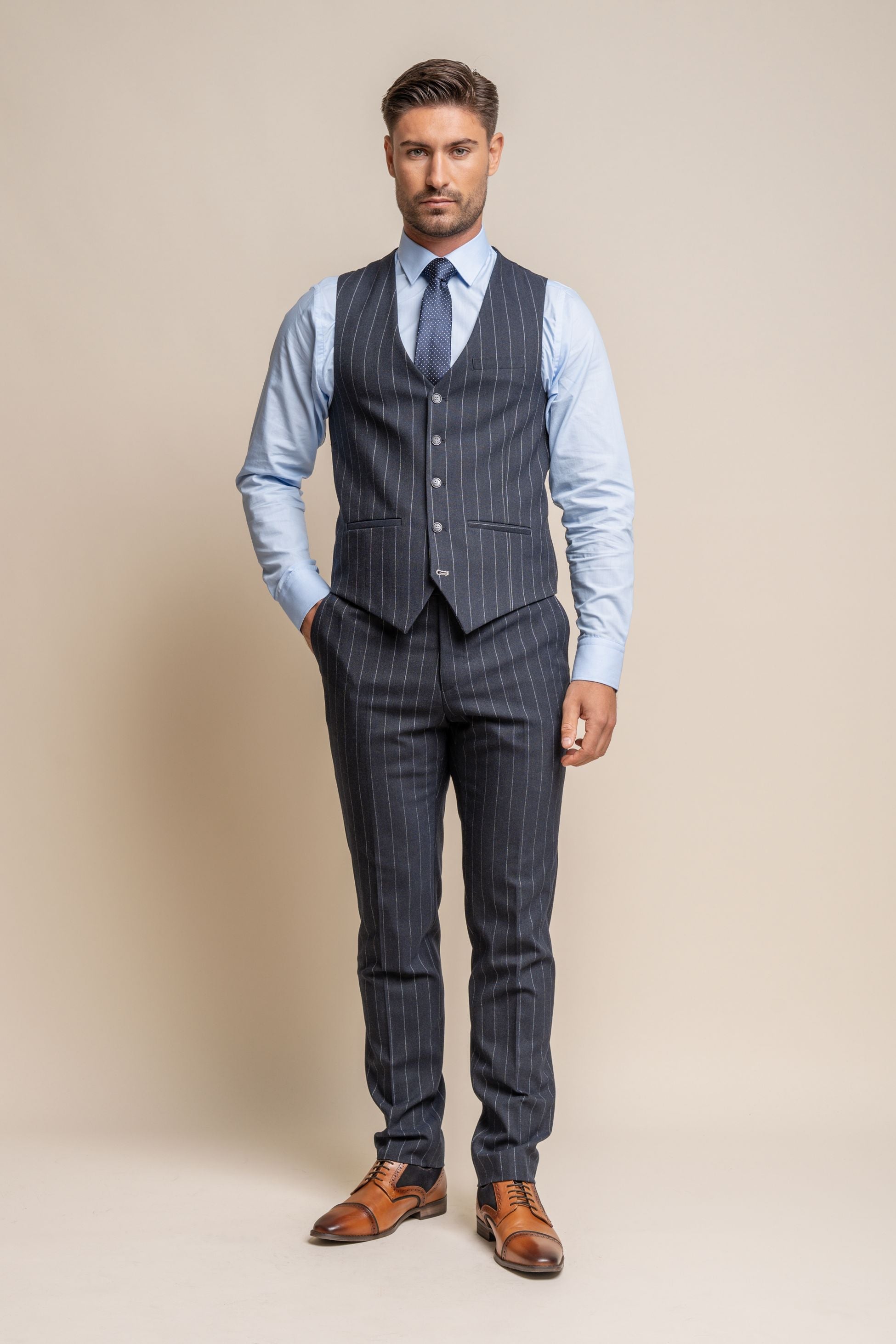 Invincible Navy Blue Men's Pinstripe Slim Fit Suit