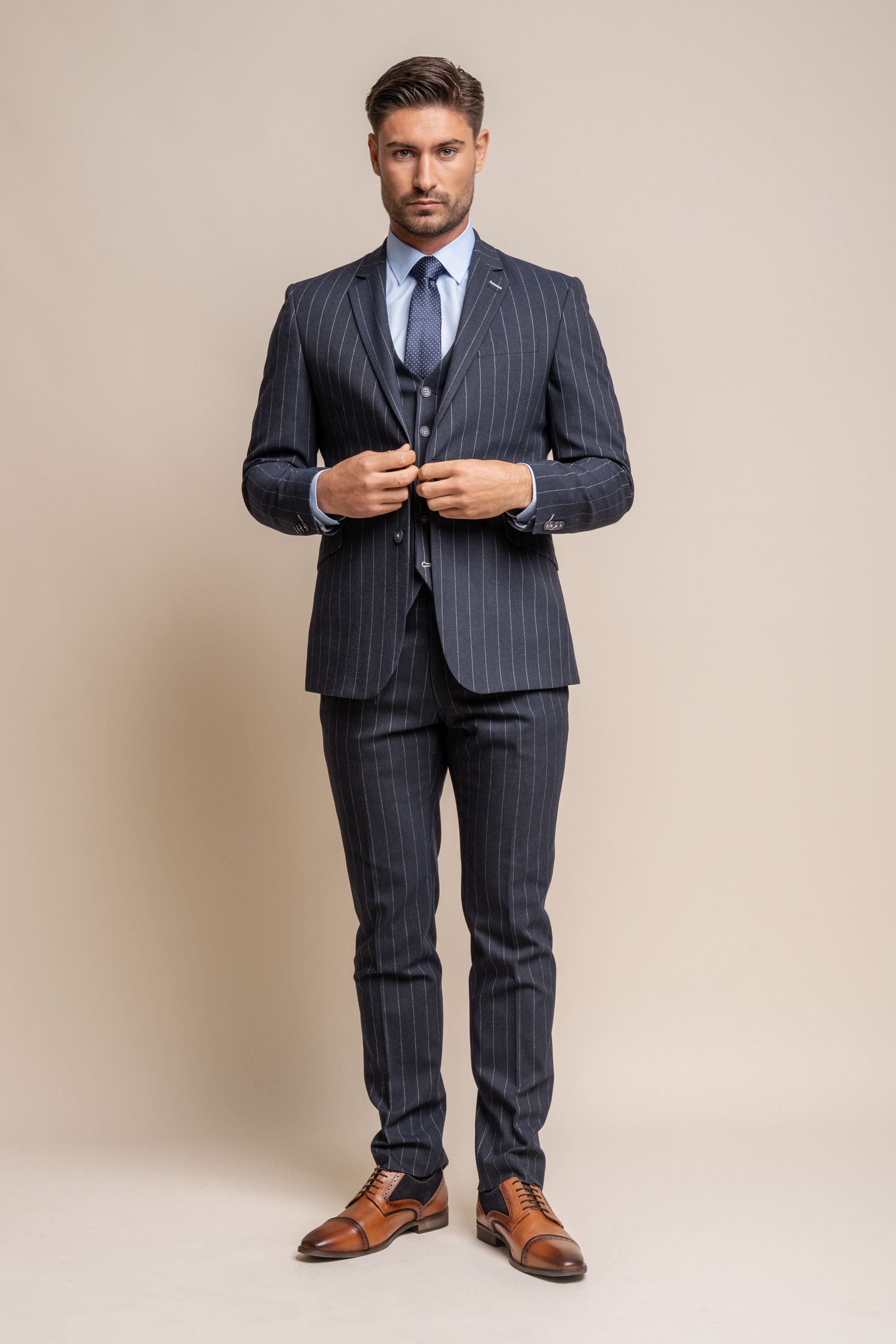 Men’s Navy Pinstripe Slim Fit Suit Jacket INVINCIBLE