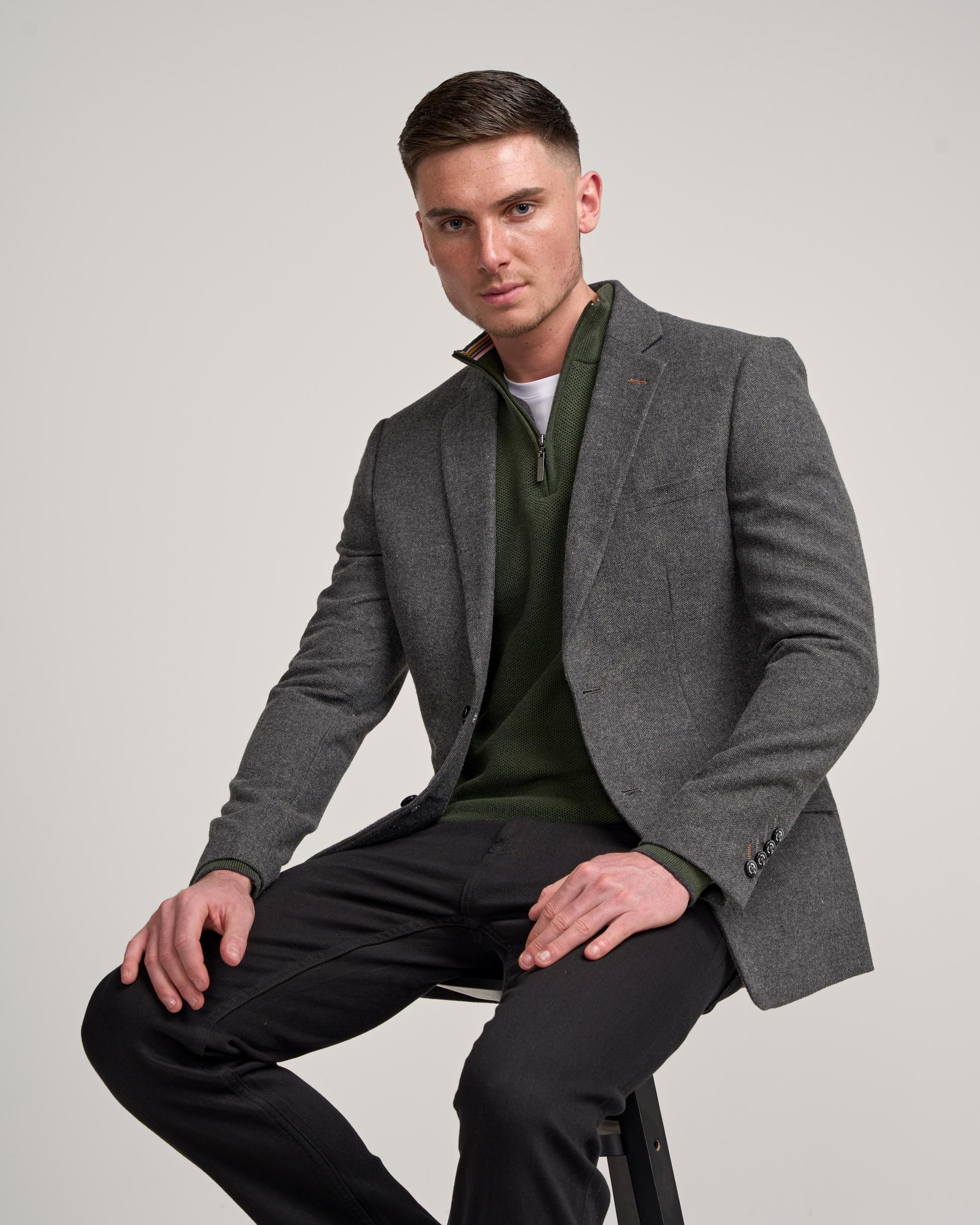 Men’s Grey Herringbone Tweed Suit Jacket COSMO