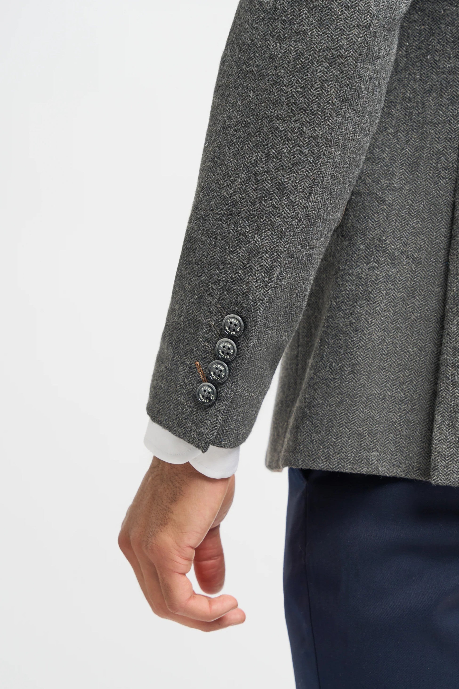 Grey Herringbone Tweed Men's Jacket and Waistcoat with Slim Fit Navy Blue Trousers