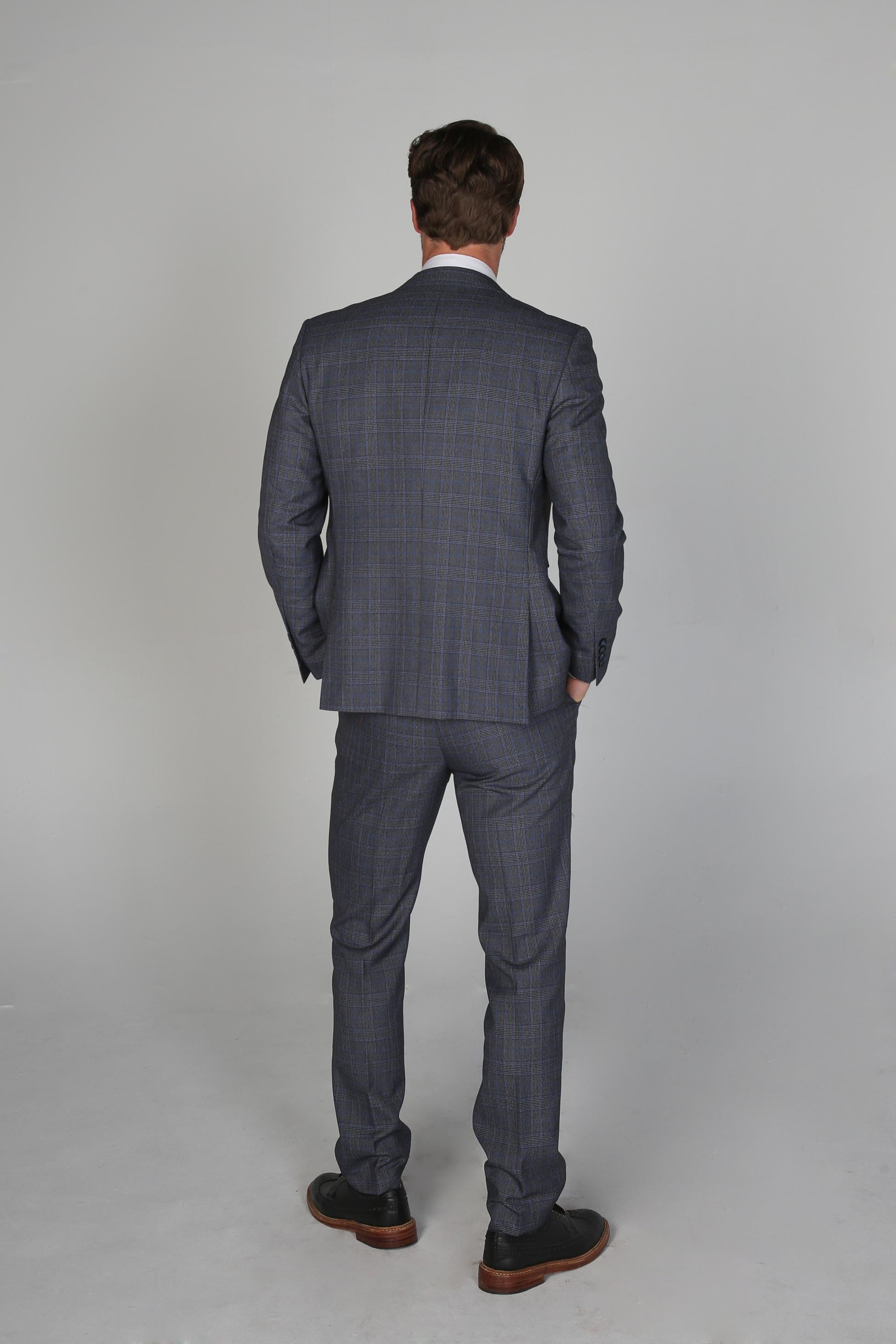 Men's Henry Grey-Blue Textured Check Tailored Formal Suit