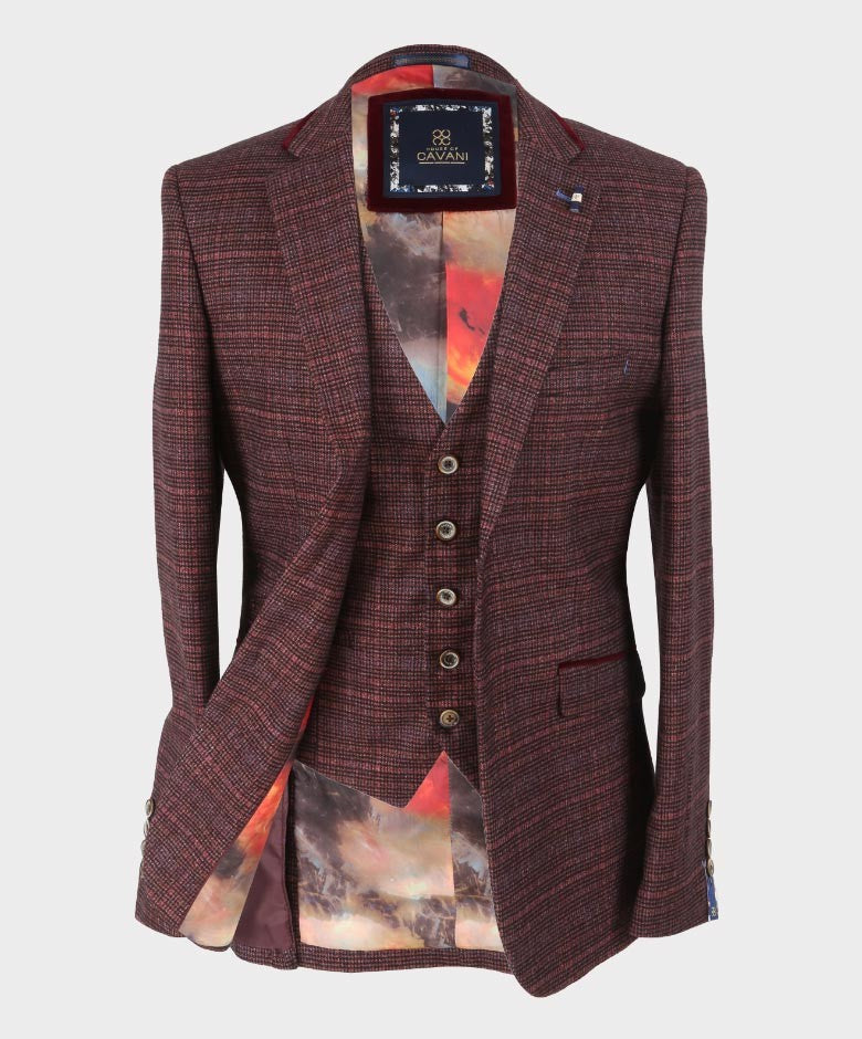 Men’s Wine Retro Tweed Slim Fit Blazer CARLY