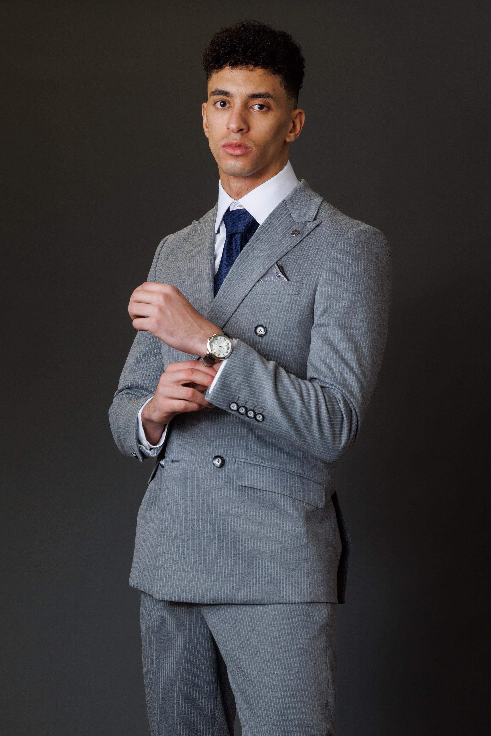 JAYCE Grey Men's Double Breasted Pinstripe Suit