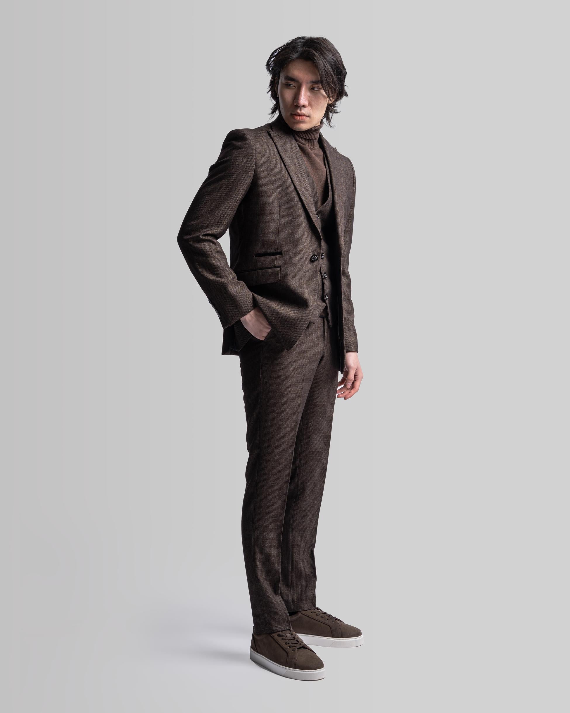 Men's Tweed Glen Check Slim Fit Suit Jacket - CARIDI - Brown