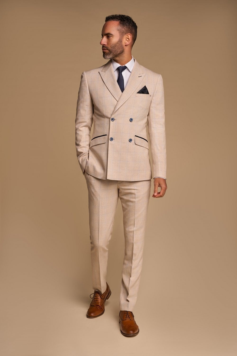 Men's Glen Check Double-breasted Suit Jacket - CARIDI - Beige